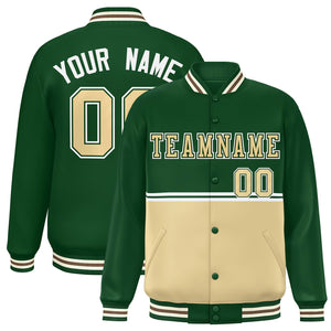 Custom Green Khaki Varsity Full-Snap Color Block Letterman Jacket