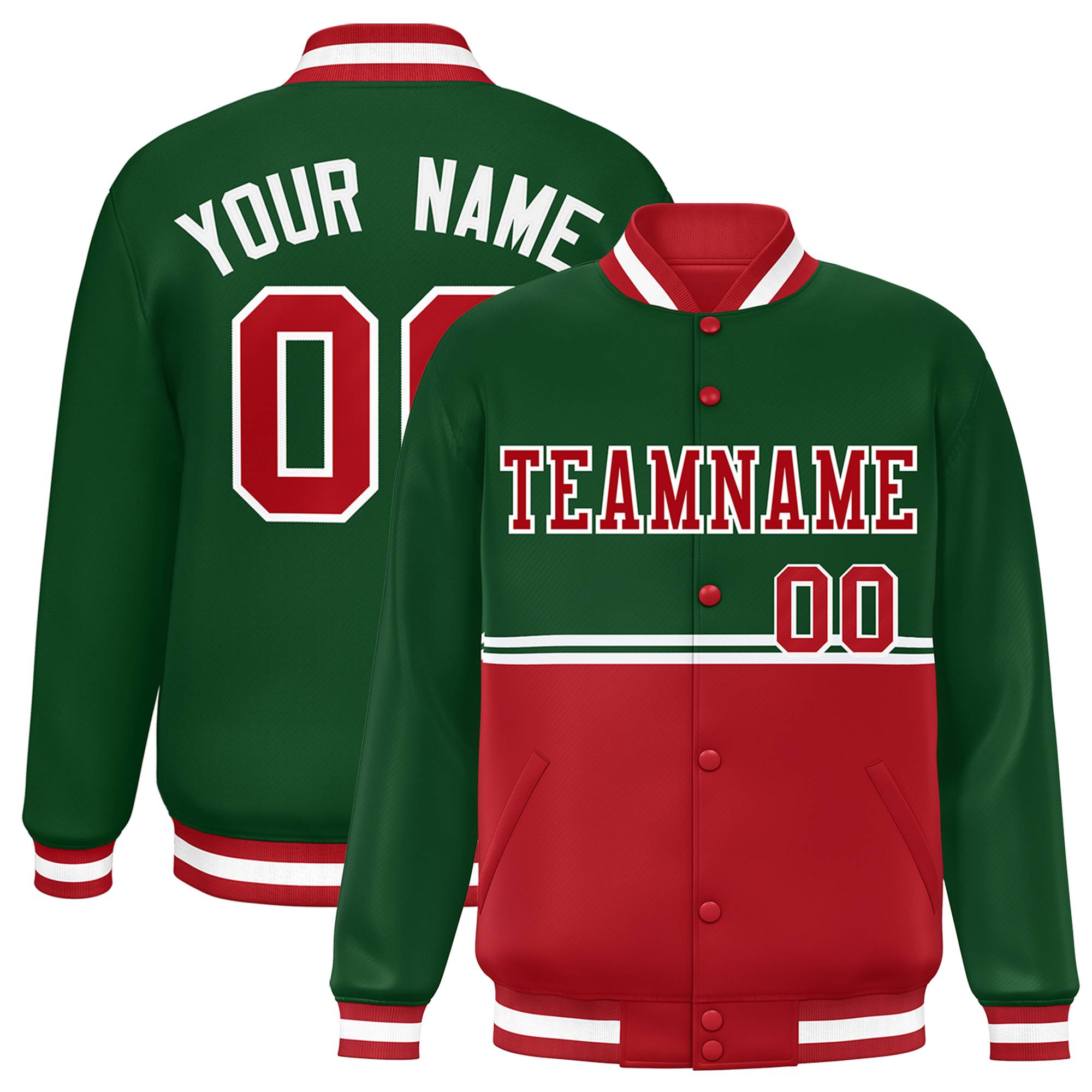 Custom Green Red Varsity Full-Snap Color Block Letterman Jacket