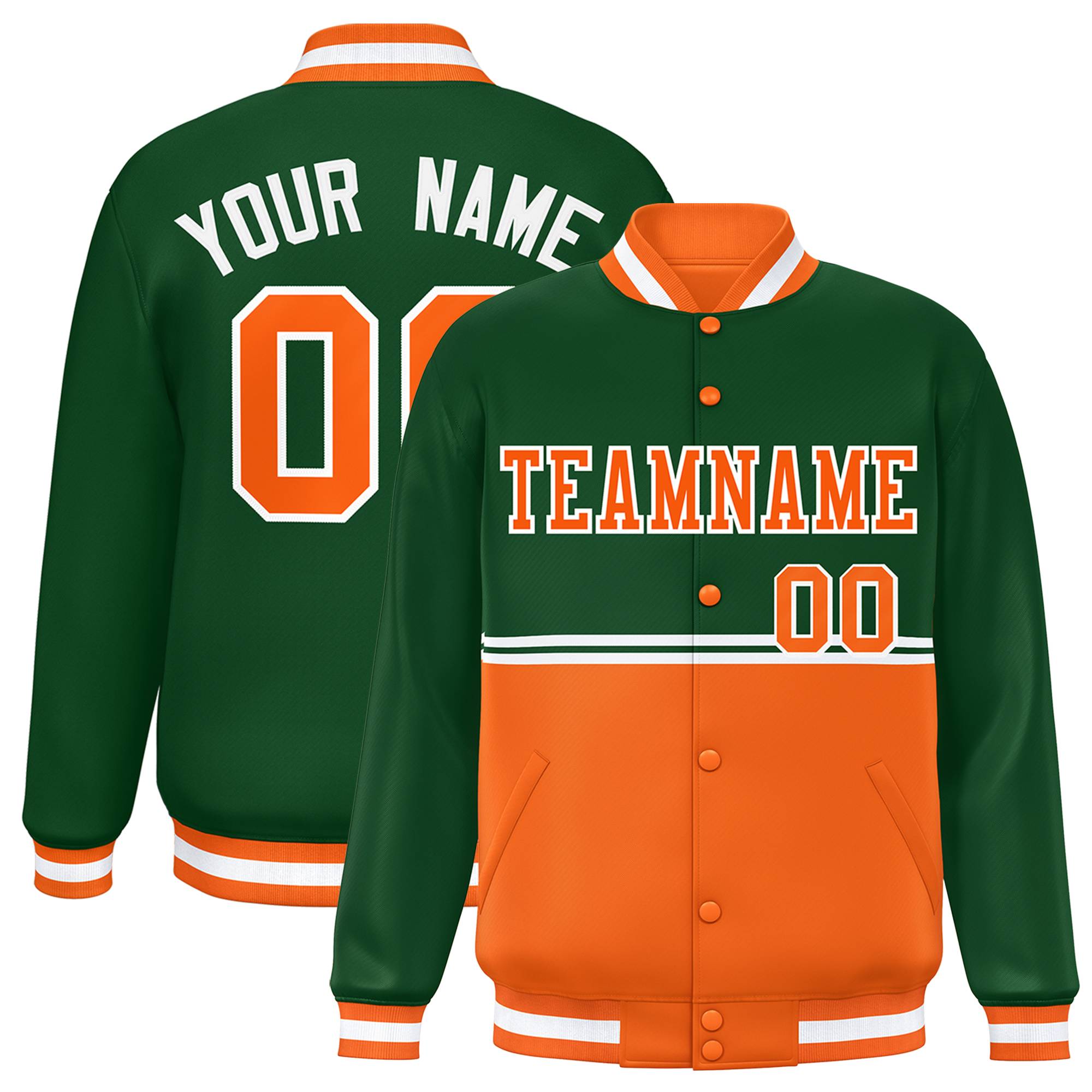 Custom Green Orange Varsity Full-Snap Color Block Letterman Jacket