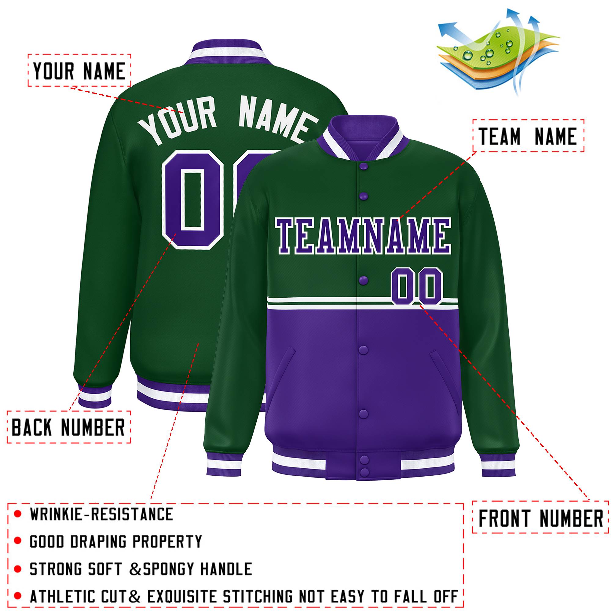 Custom Green Purple Varsity Full-Snap Color Block Letterman Jacket