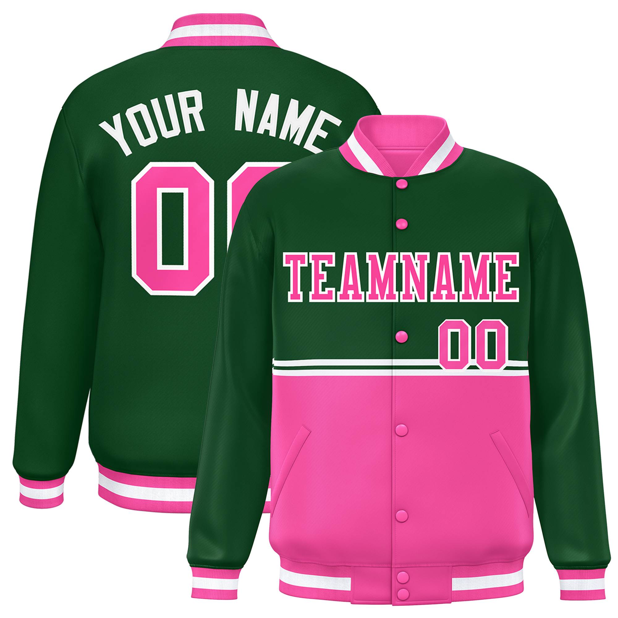 Custom Green Pink Varsity Full-Snap Color Block Letterman Jacket