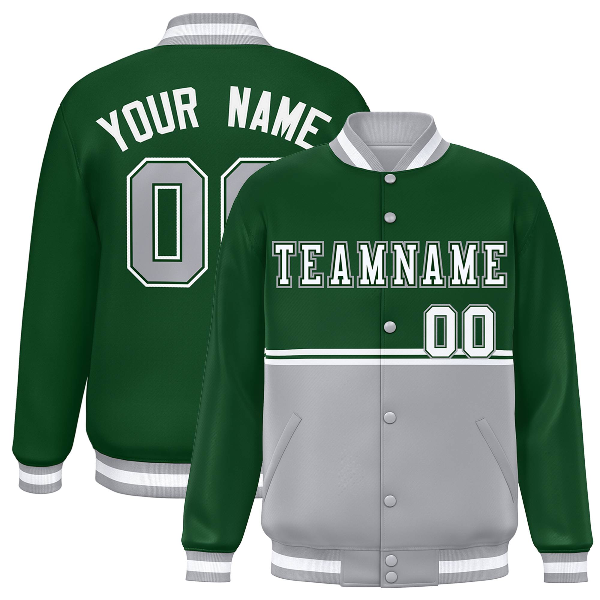 Custom Green Gray Varsity Full-Snap Color Block Letterman Jacket