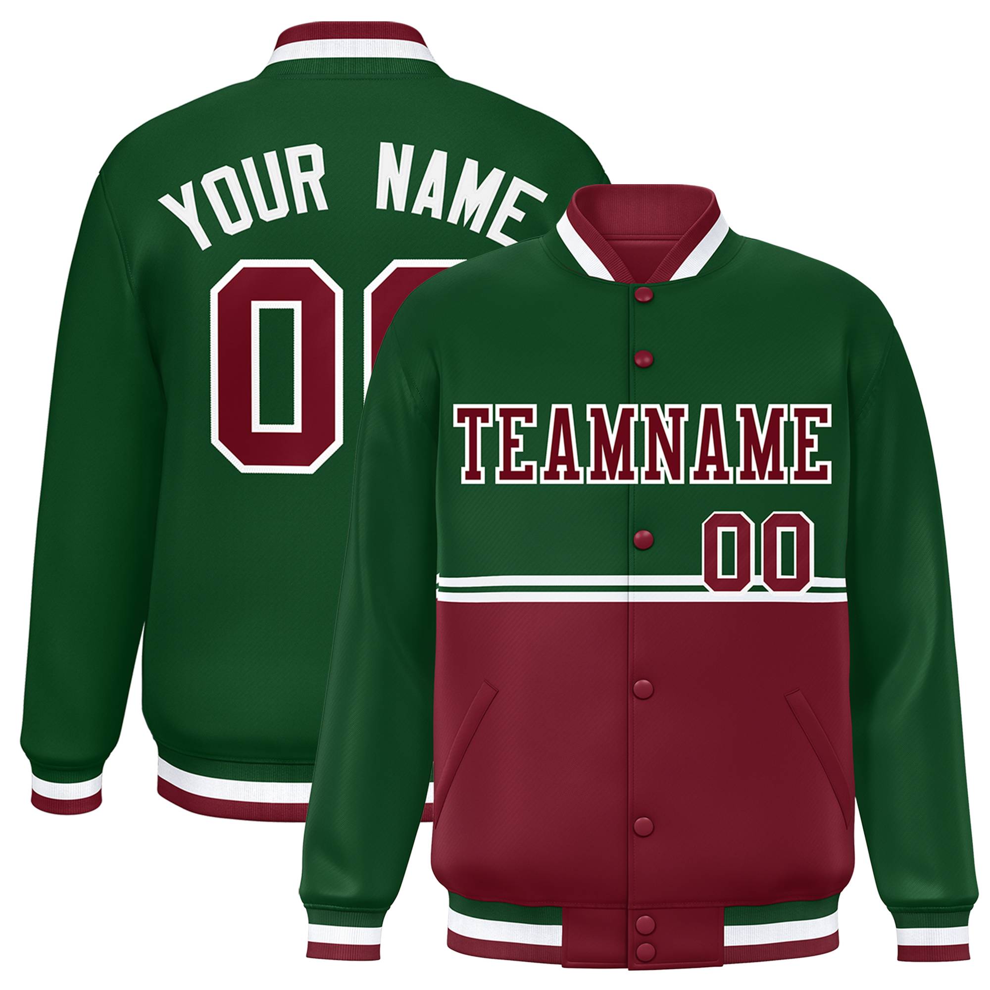 Custom Green Crimson Varsity Full-Snap Color Block Letterman Jacket