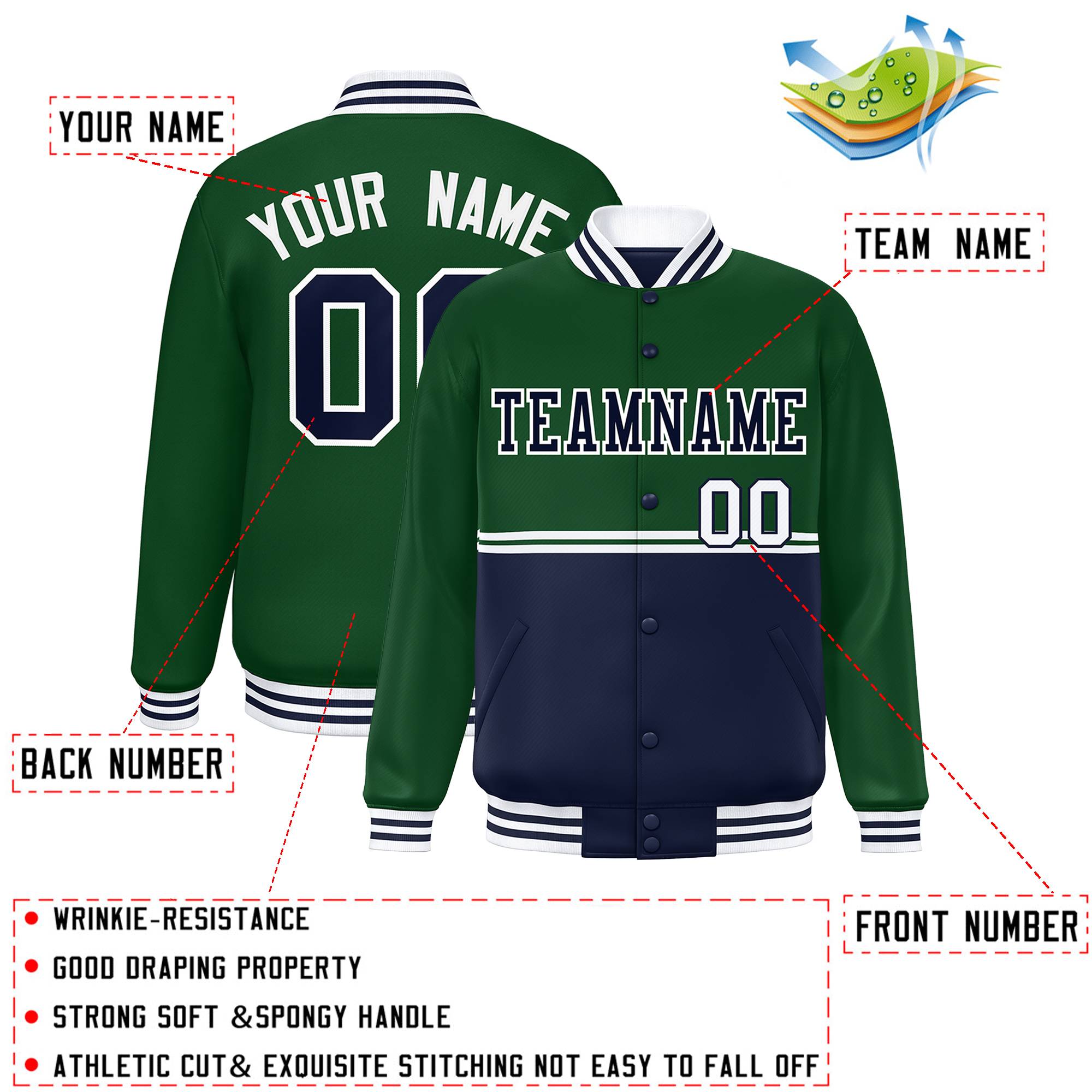 Custom Green Navy Varsity Full-Snap Color Block Letterman Jacket