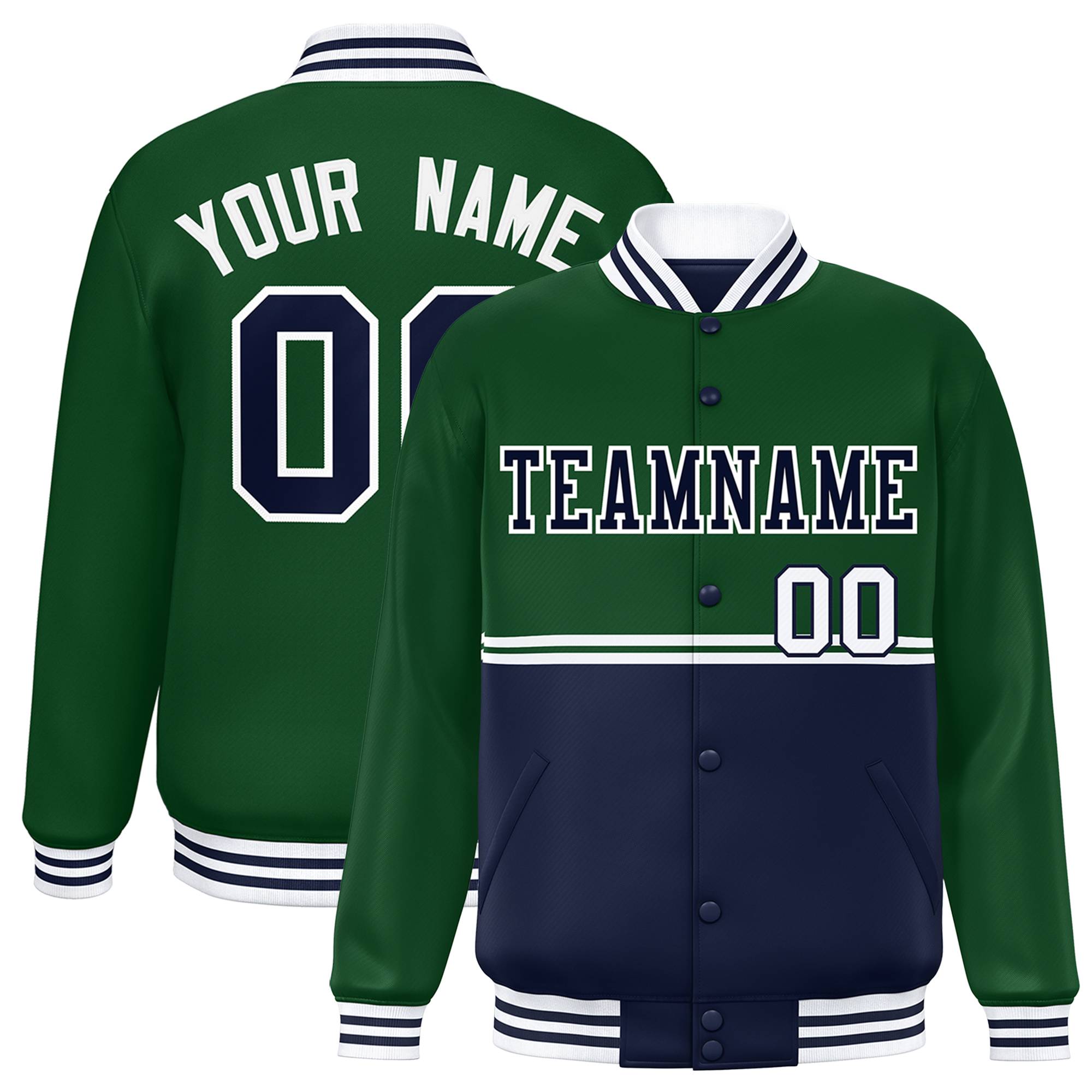 Custom Green Navy Varsity Full-Snap Color Block Letterman Jacket