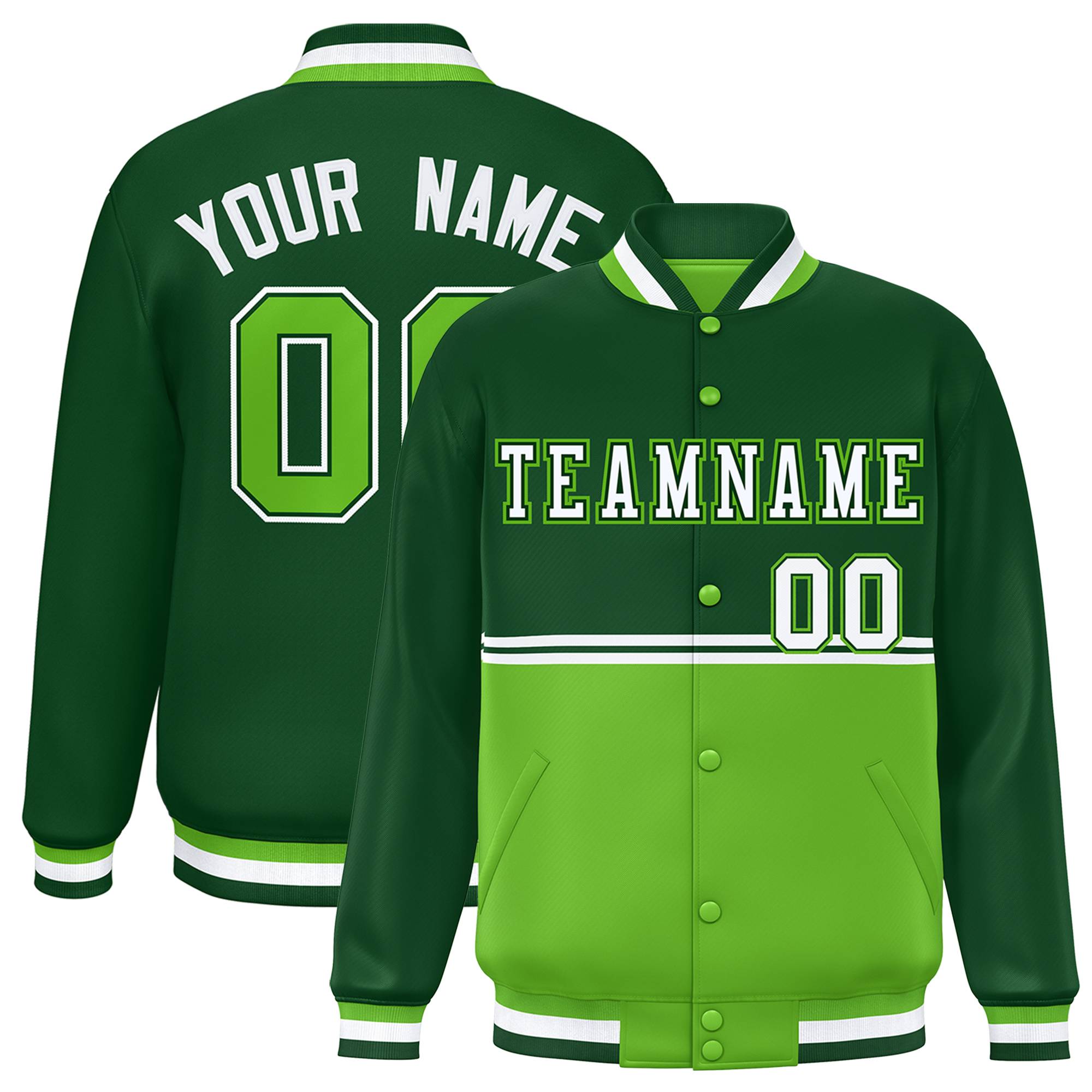 Custom Green Green Varsity Full-Snap Color Block Letterman Jacket