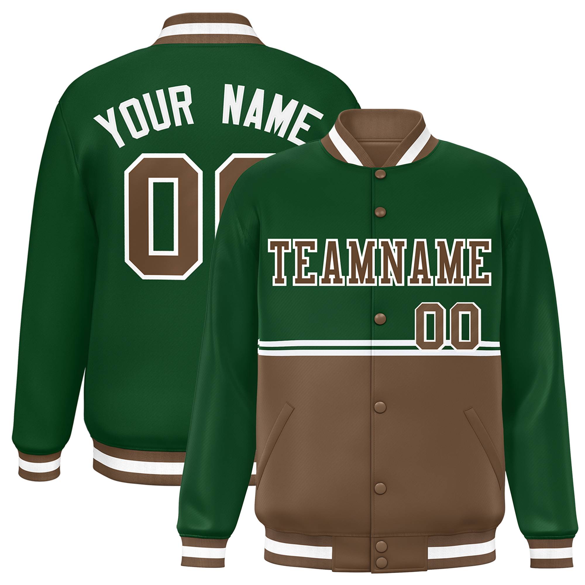 Custom Green Light Brown Varsity Full-Snap Color Block Letterman Jacket