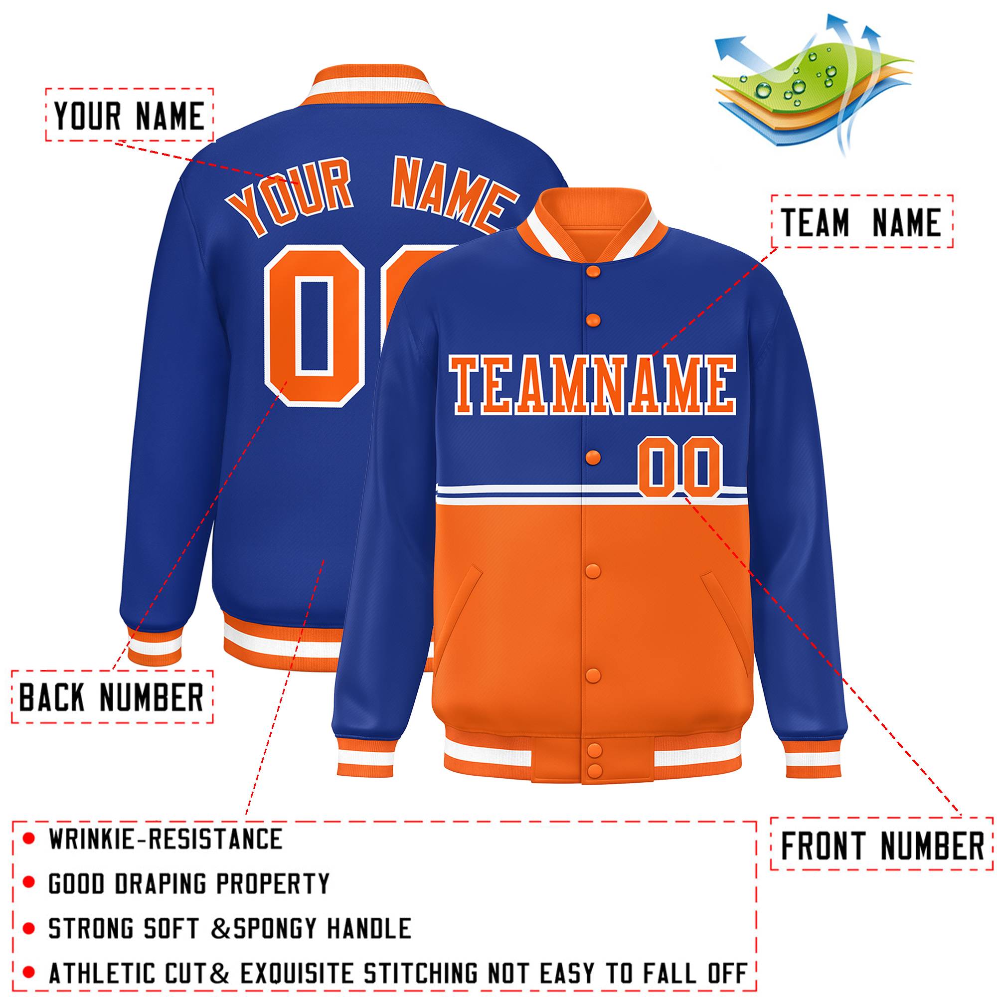 Custom Royal Orange Varsity Full-Snap Color Block Letterman Jacket