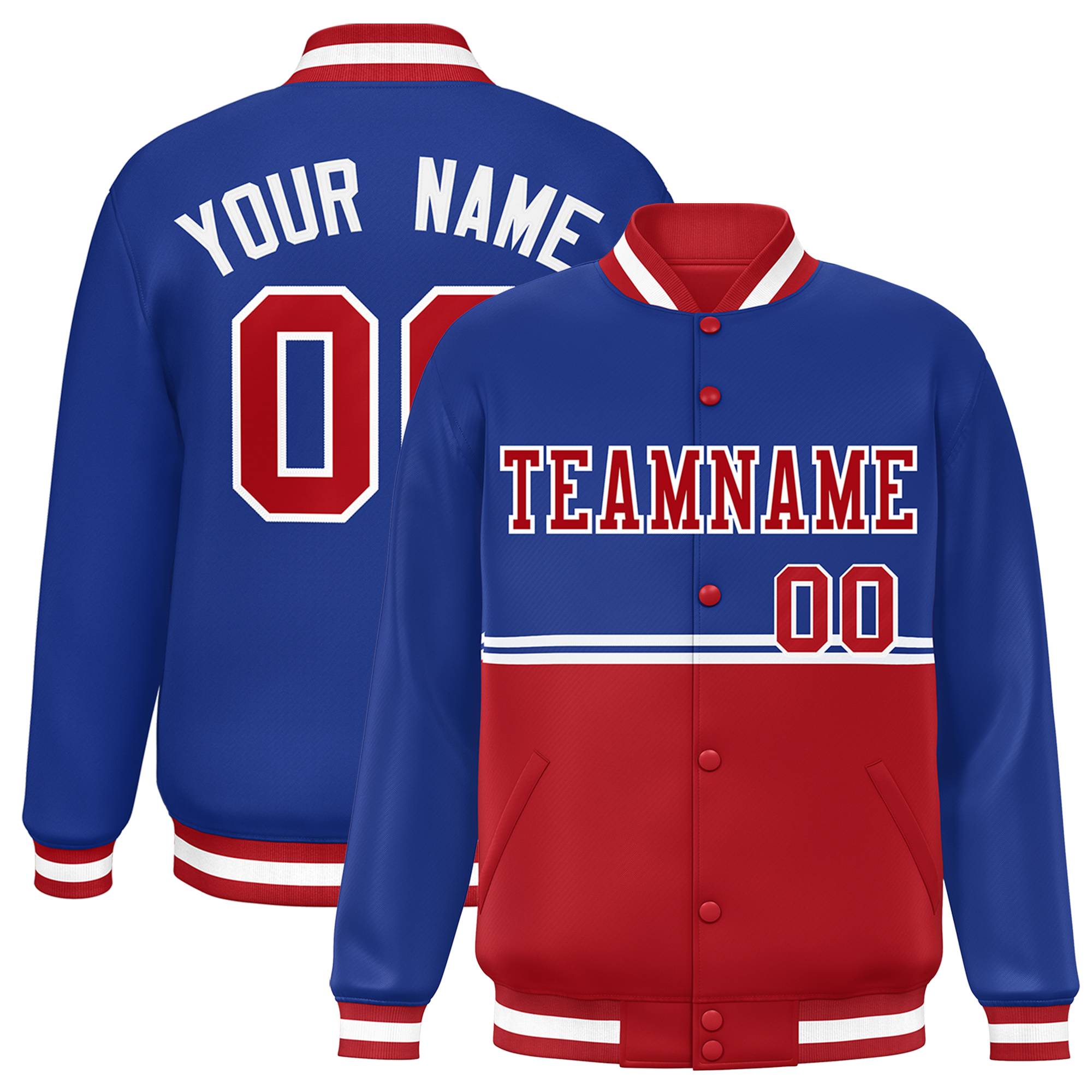 Custom Royal Red Varsity Full-Snap Color Block Letterman Jacket