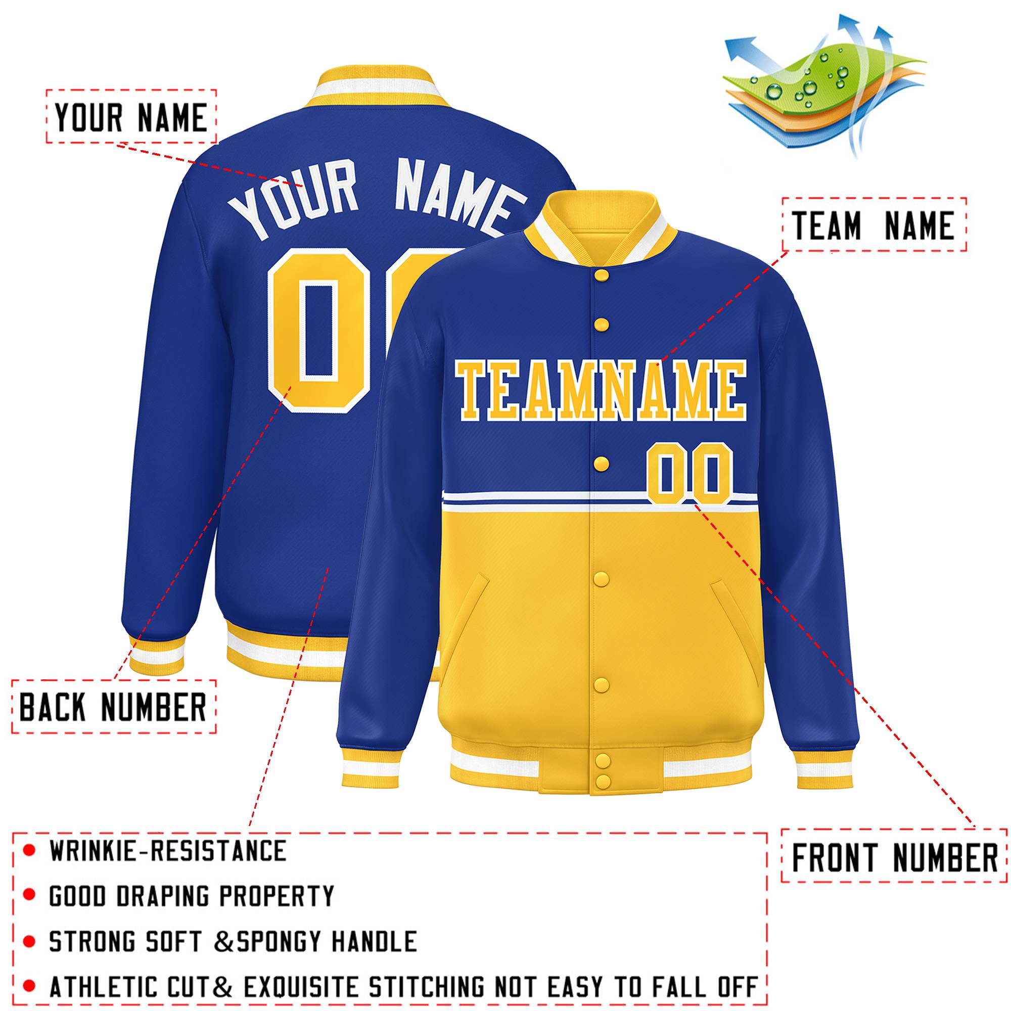 Custom Royal Gold Varsity Full-Snap Color Block Letterman Jacket