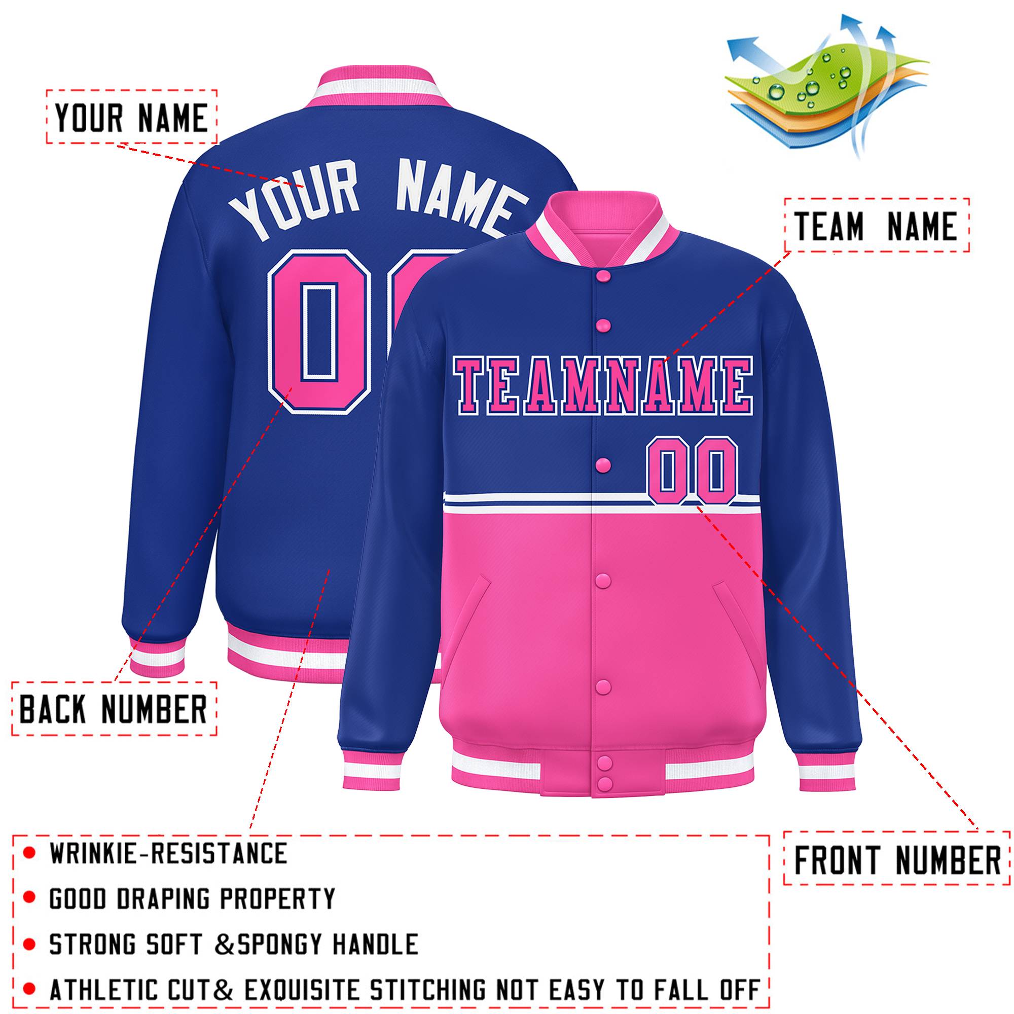 Custom Royal Pink Varsity Full-Snap Color Block Letterman Jacket