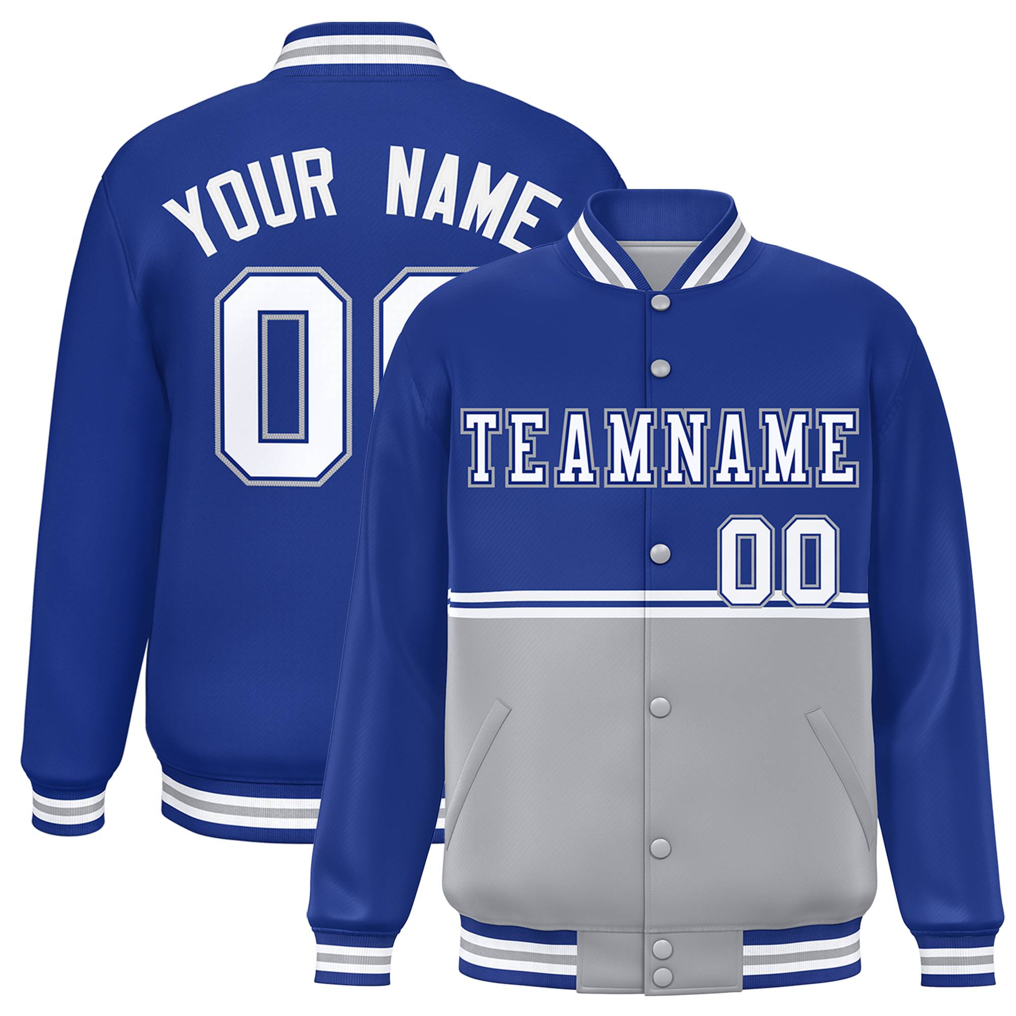 Custom Royal Gray Varsity Full-Snap Color Block Letterman Jacket