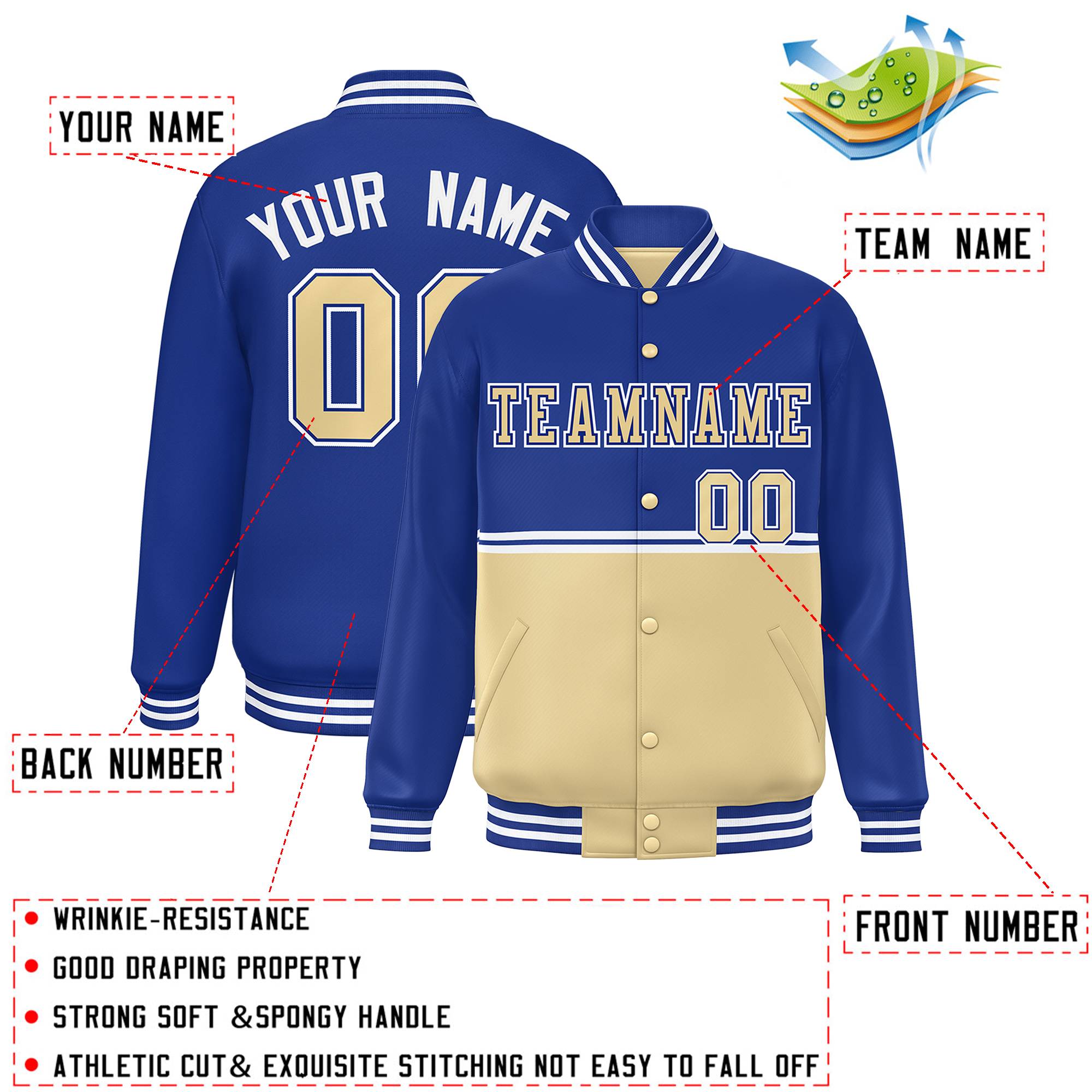 Custom Royal Khaki Varsity Full-Snap Color Block Letterman Jacket