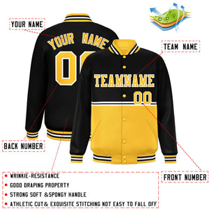 Custom Black Gold Varsity Full-Snap Color Block Letterman Jacket