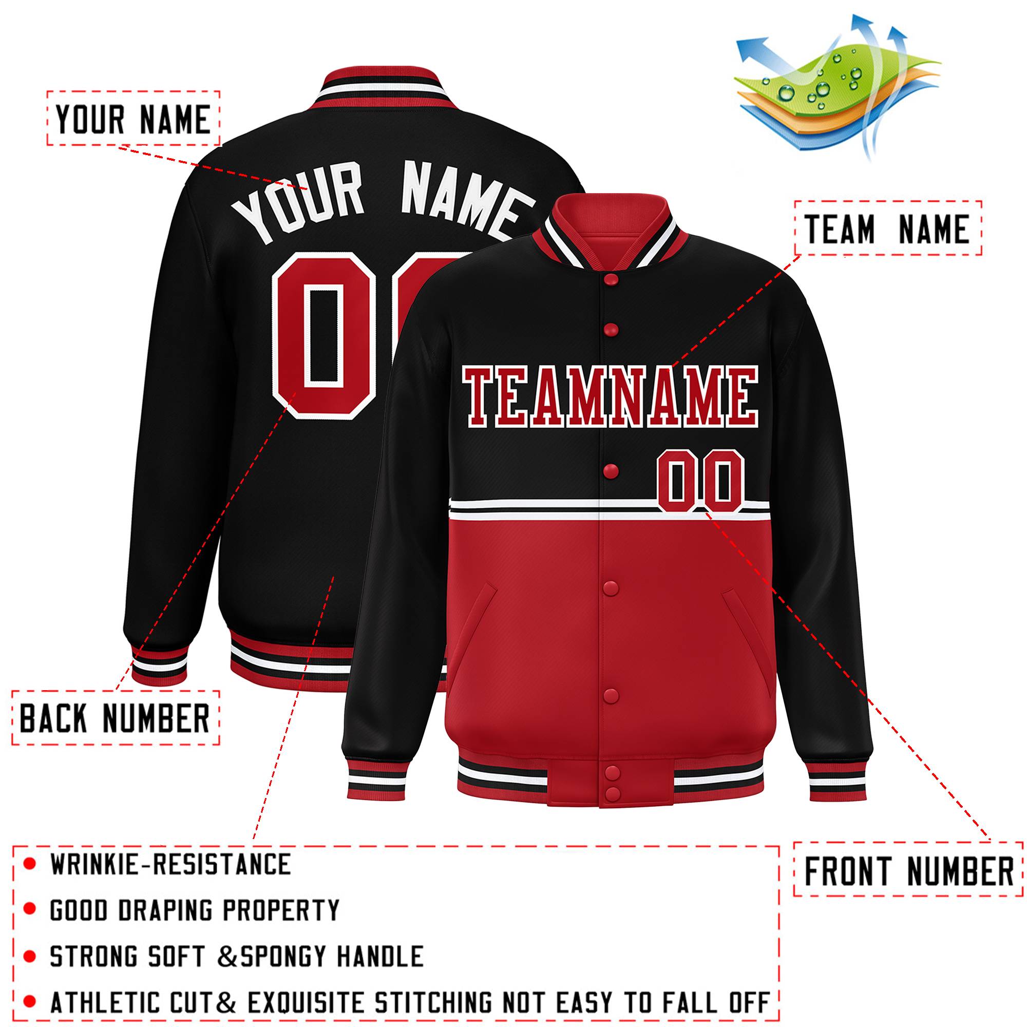 Custom Black Red Varsity Full-Snap Color Block Letterman Jacket