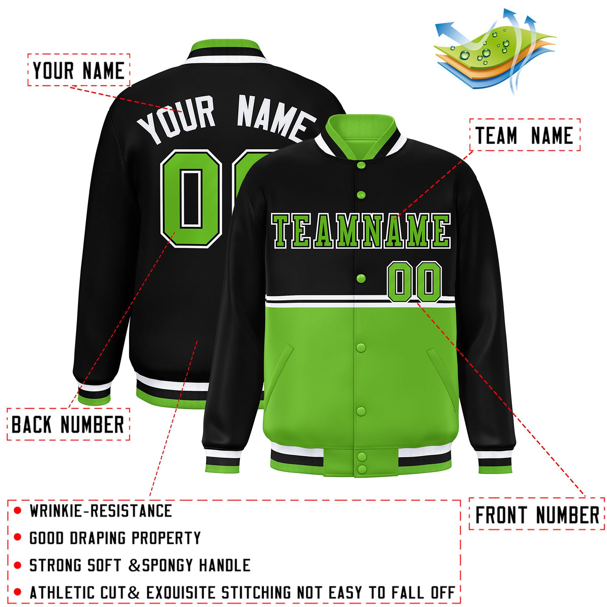 Custom Black Green Varsity Full-Snap Color Block Letterman Jacket