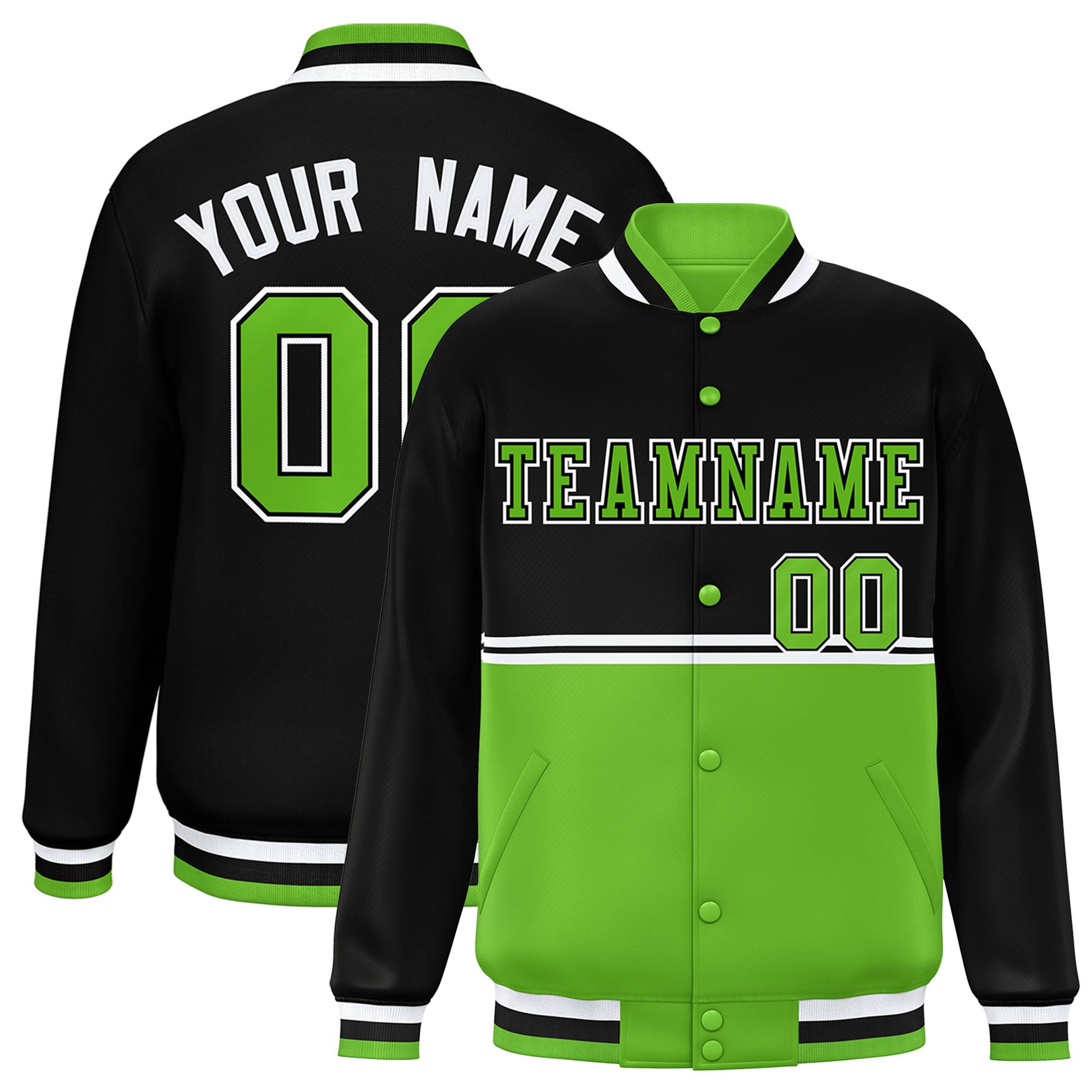 Custom Black Green Varsity Full-Snap Color Block Letterman Jacket