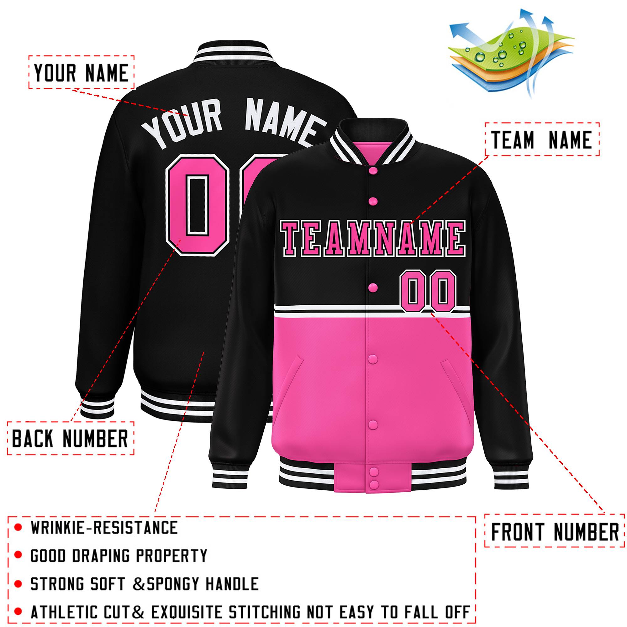 Custom Black Pink Varsity Full-Snap Color Block Letterman Jacket