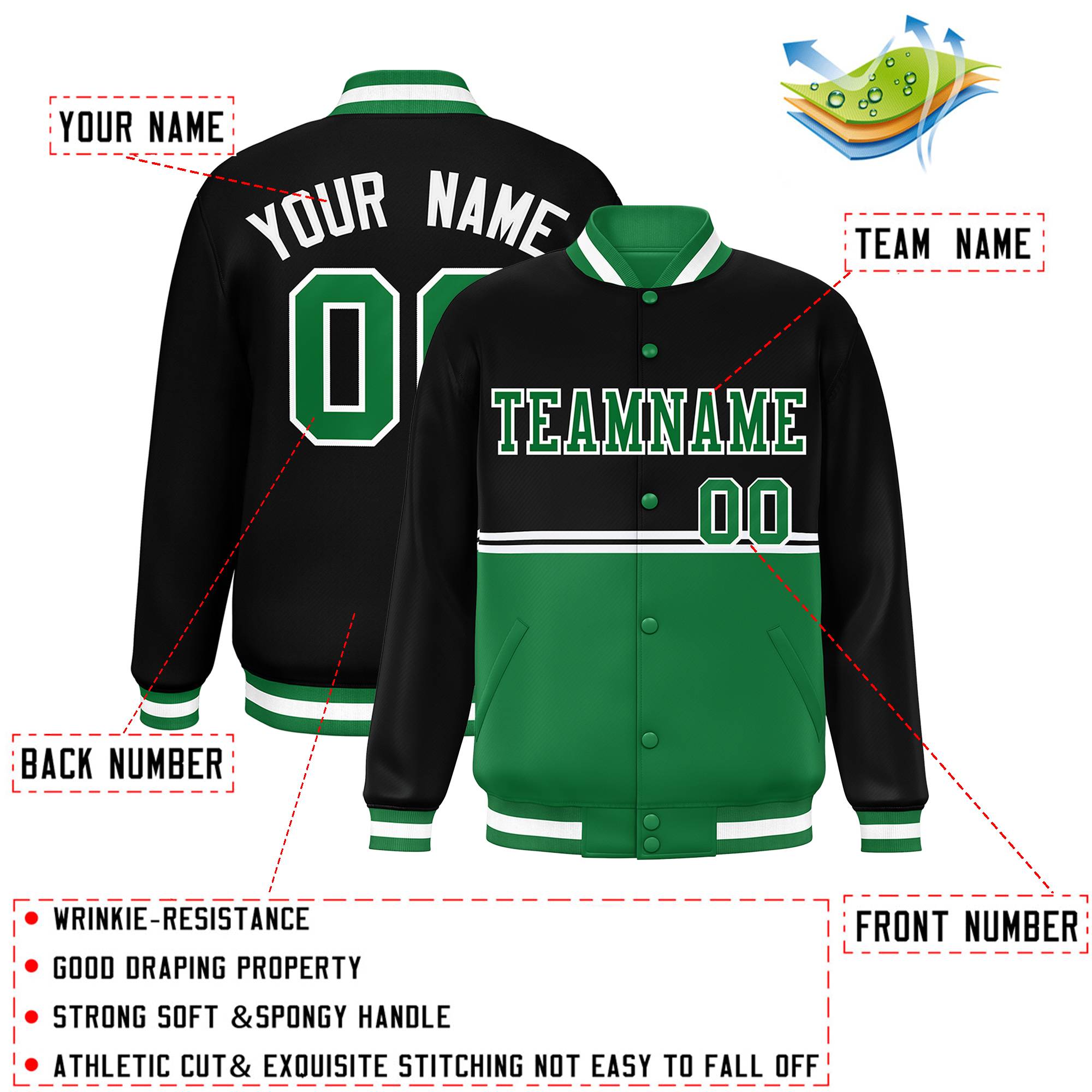 Custom Black Kelly Green Varsity Full-Snap Color Block Letterman Jacket