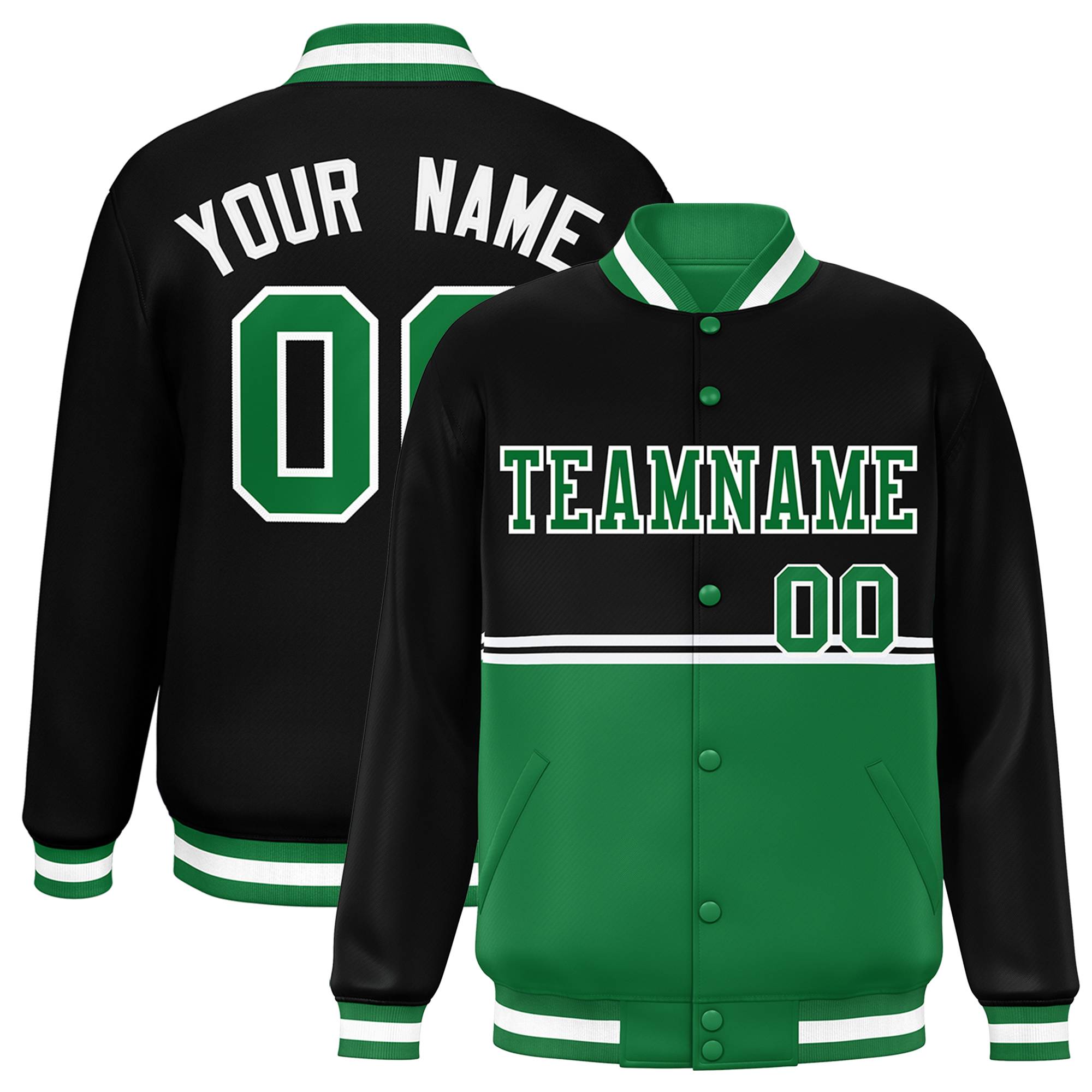 Custom Black Kelly Green Varsity Full-Snap Color Block Letterman Jacket