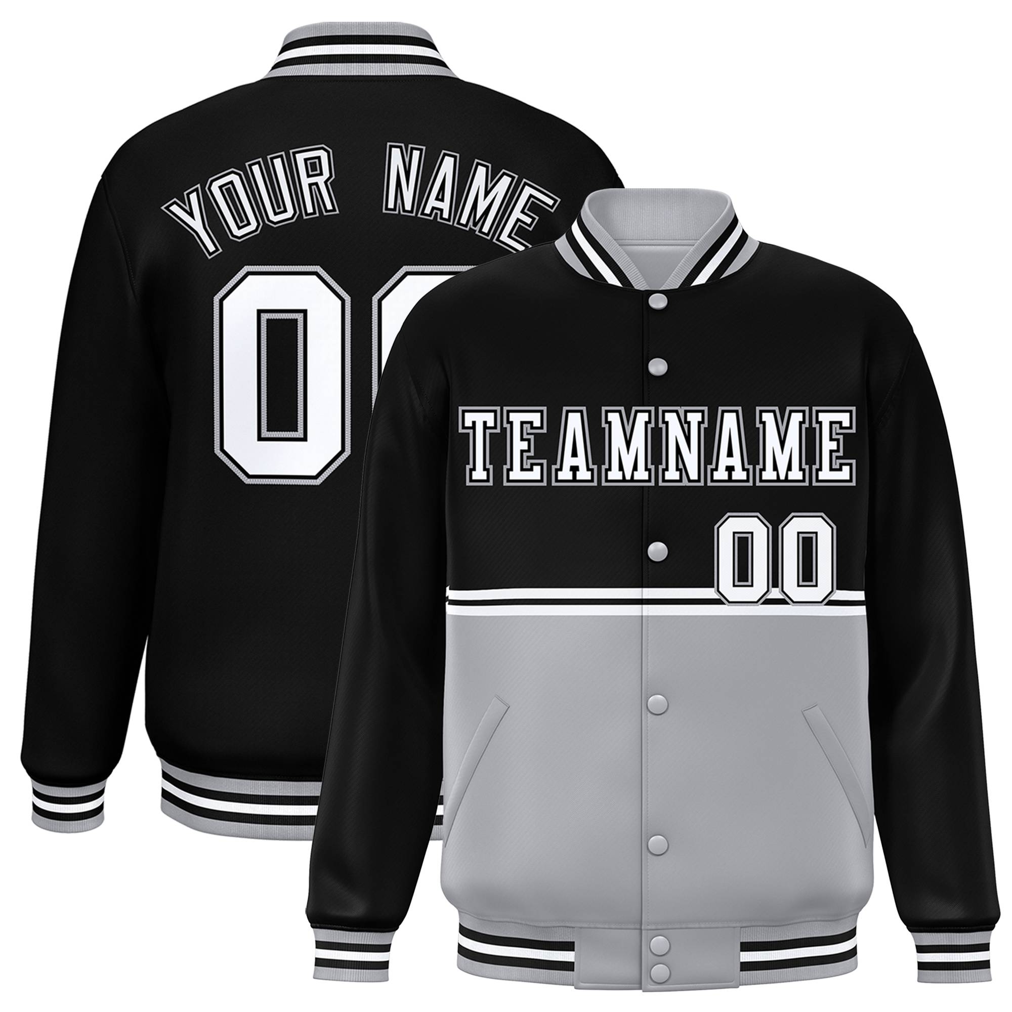 Custom Black Gray Varsity Full-Snap Color Block Letterman Jacket