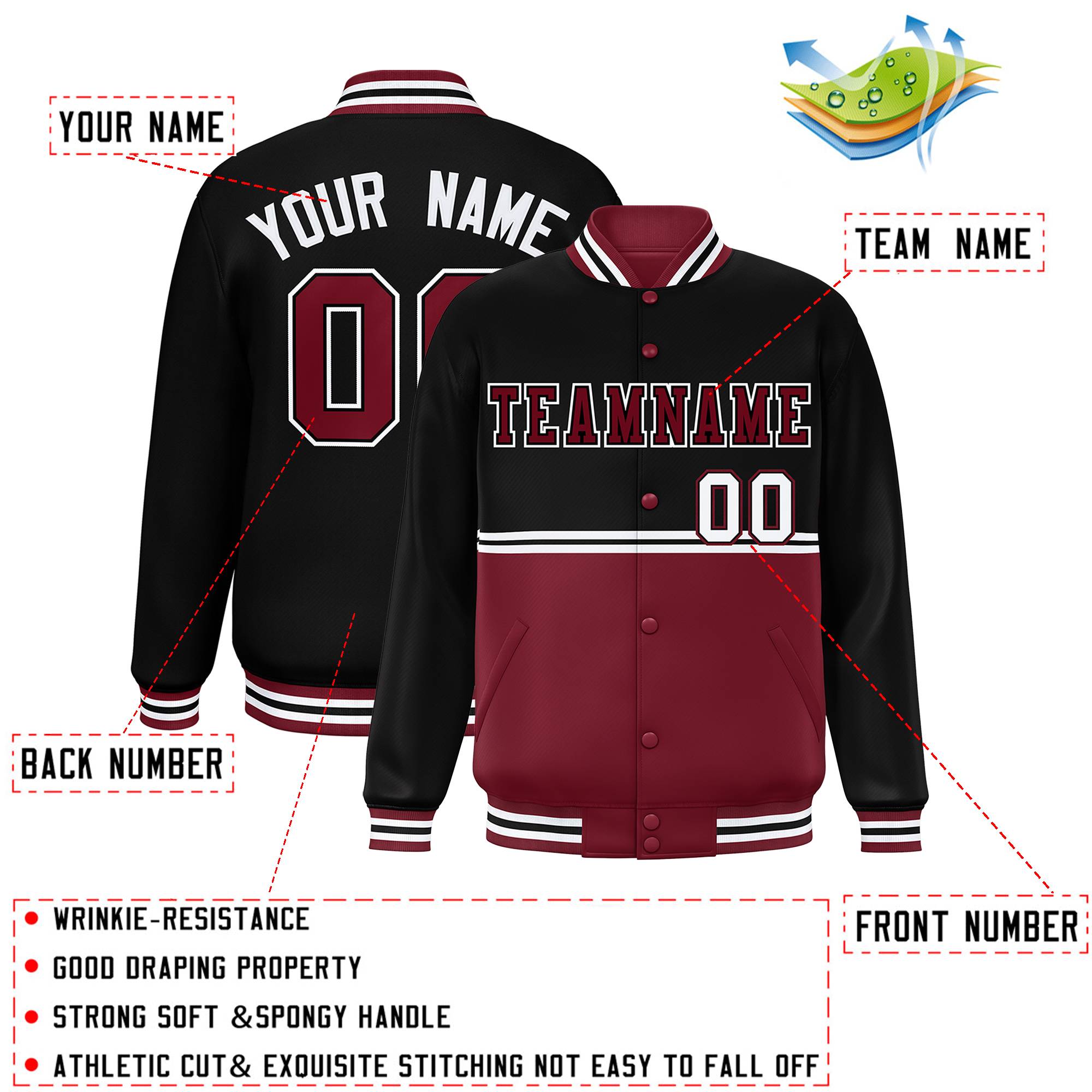 Custom Black Crimson Varsity Full-Snap Color Block Letterman Jacket