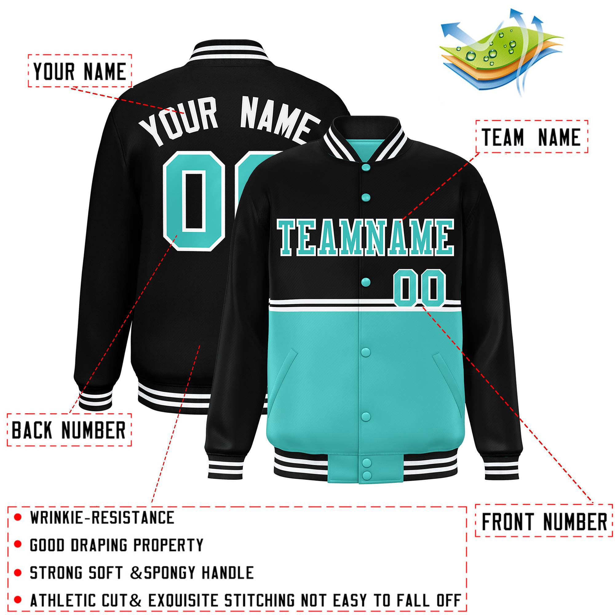 Custom Black Bright Green Varsity Full-Snap Color Block Letterman Jacket