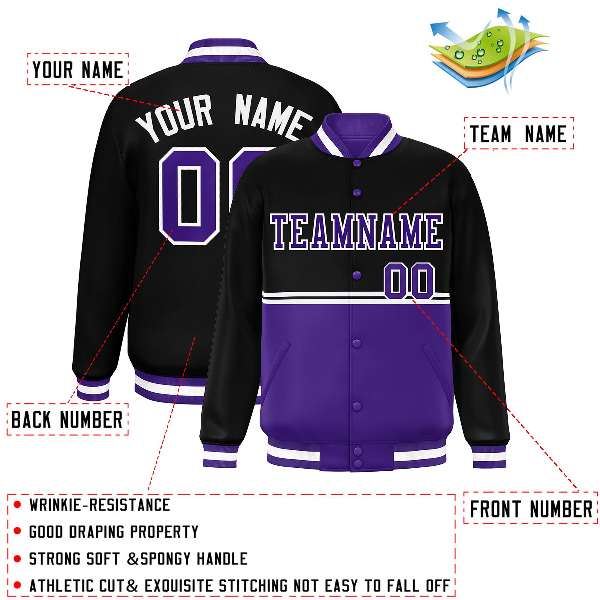 Custom Black Purple Varsity Full-Snap Color Block Letterman Jacket