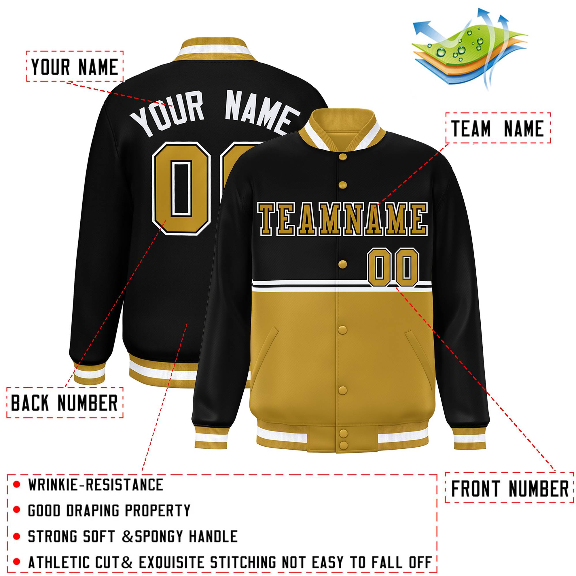 Custom Black Old Gold Varsity Full-Snap Color Block Letterman Jacket