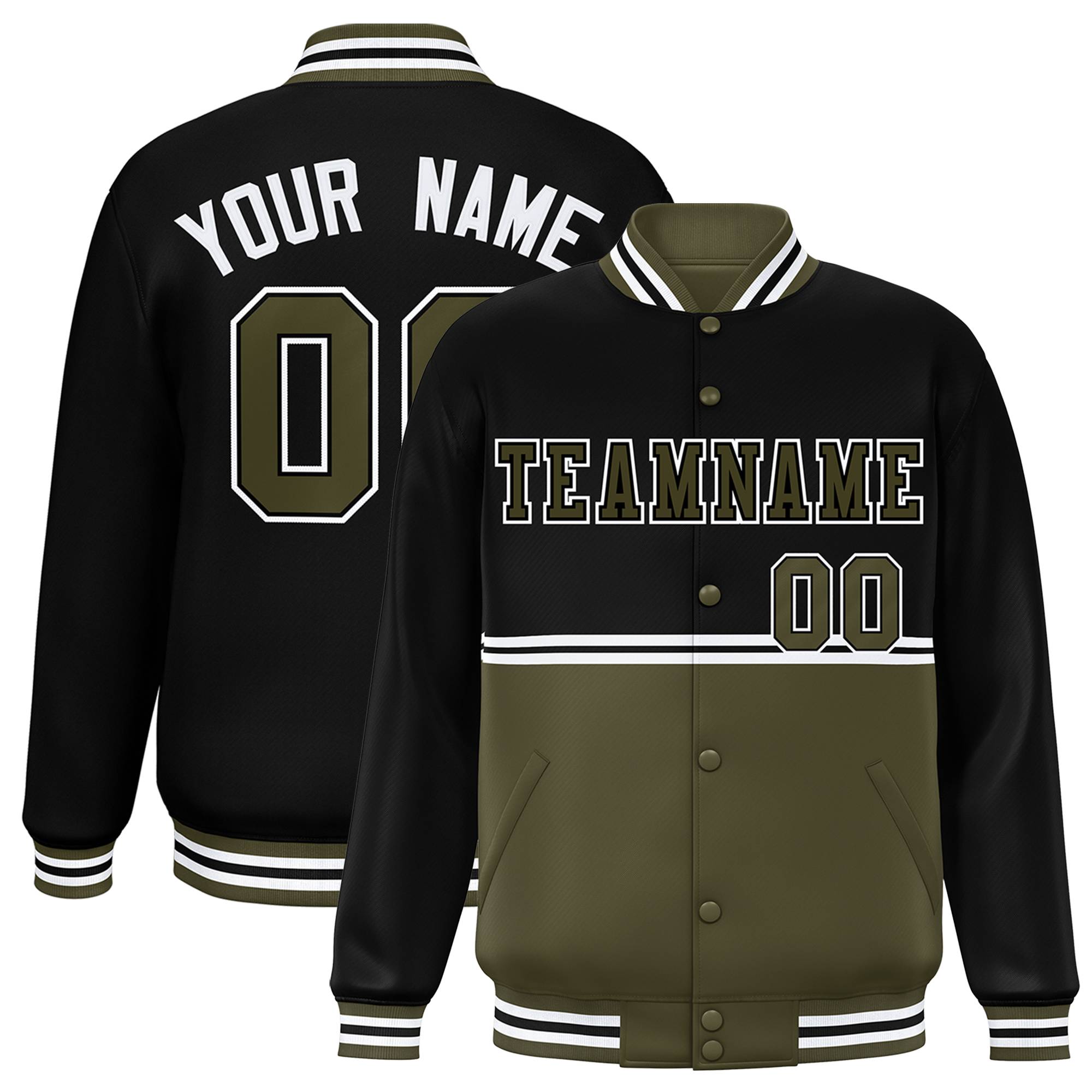 Custom Black Olive Varsity Full-Snap Color Block Letterman Jacket