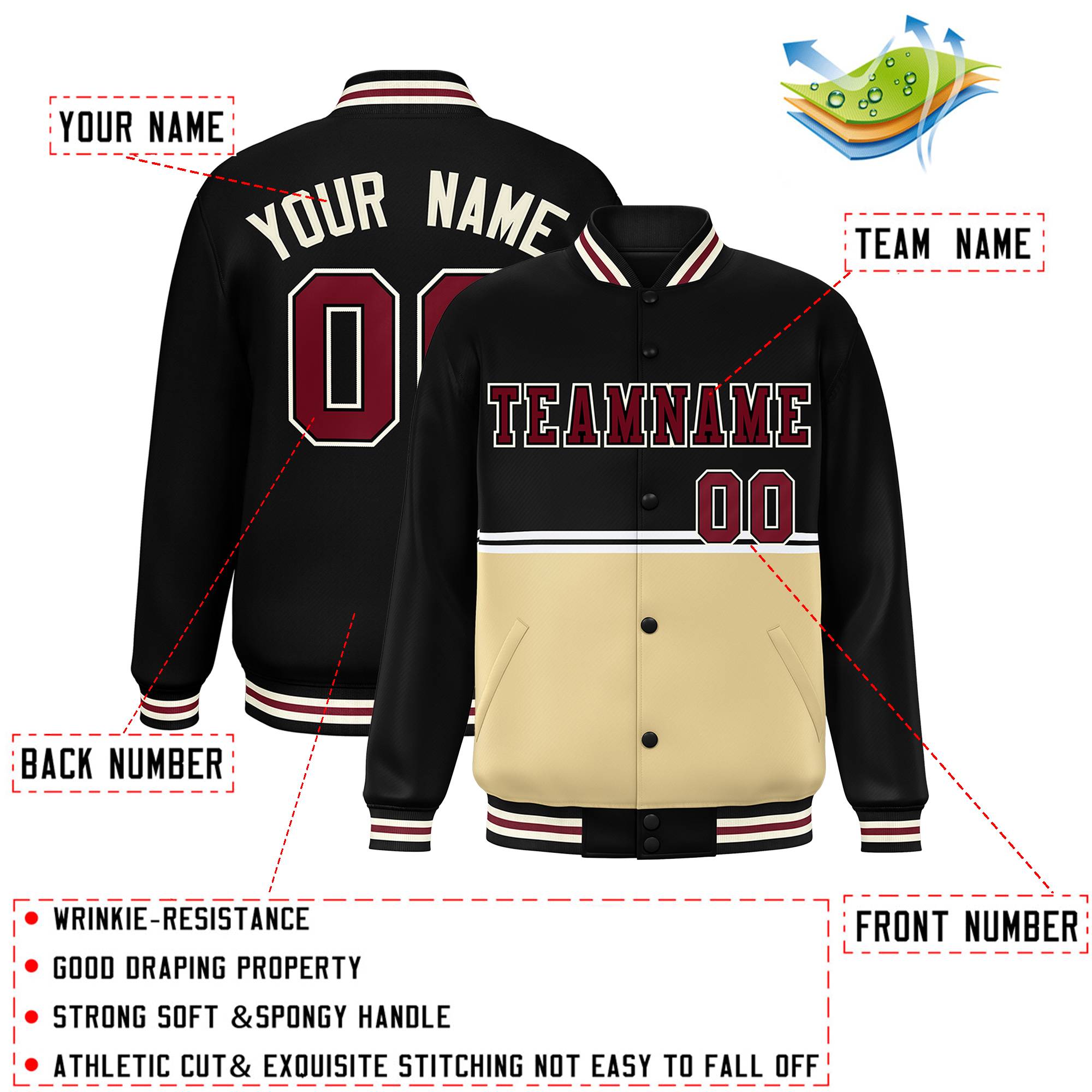 Custom Black Khaki Varsity Full-Snap Color Block Letterman Jacket