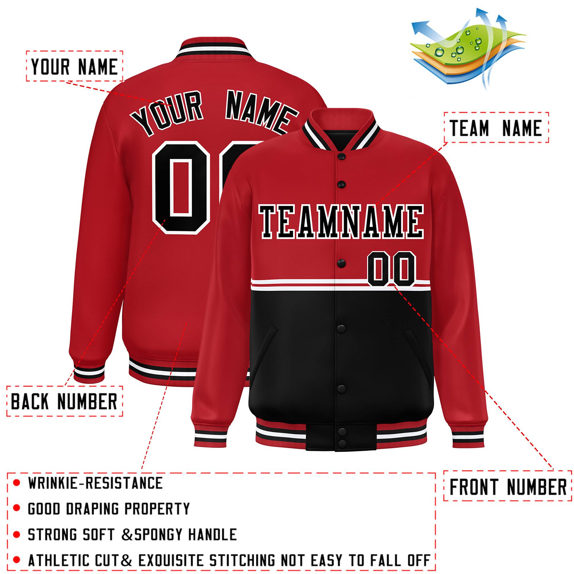 Custom Red Black Varsity Full-Snap Color Block Letterman Jacket