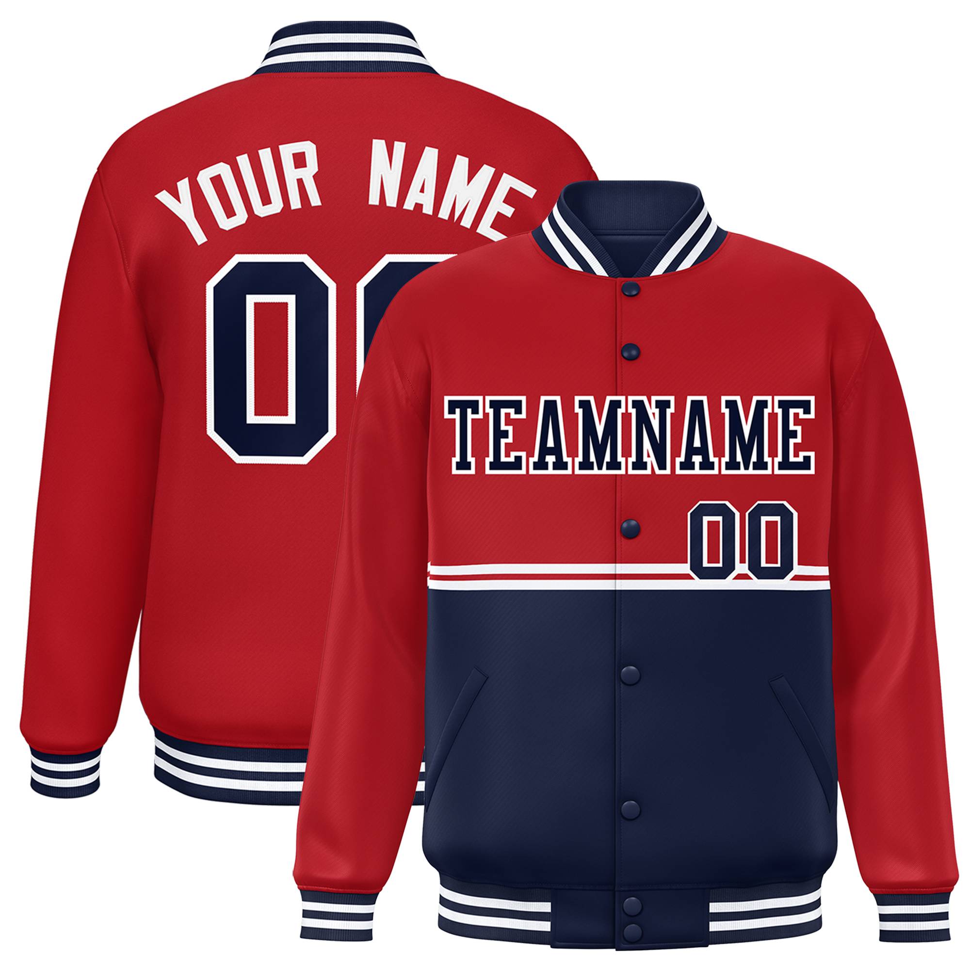 Custom Red Navy Varsity Full-Snap Color Block Letterman Jacket