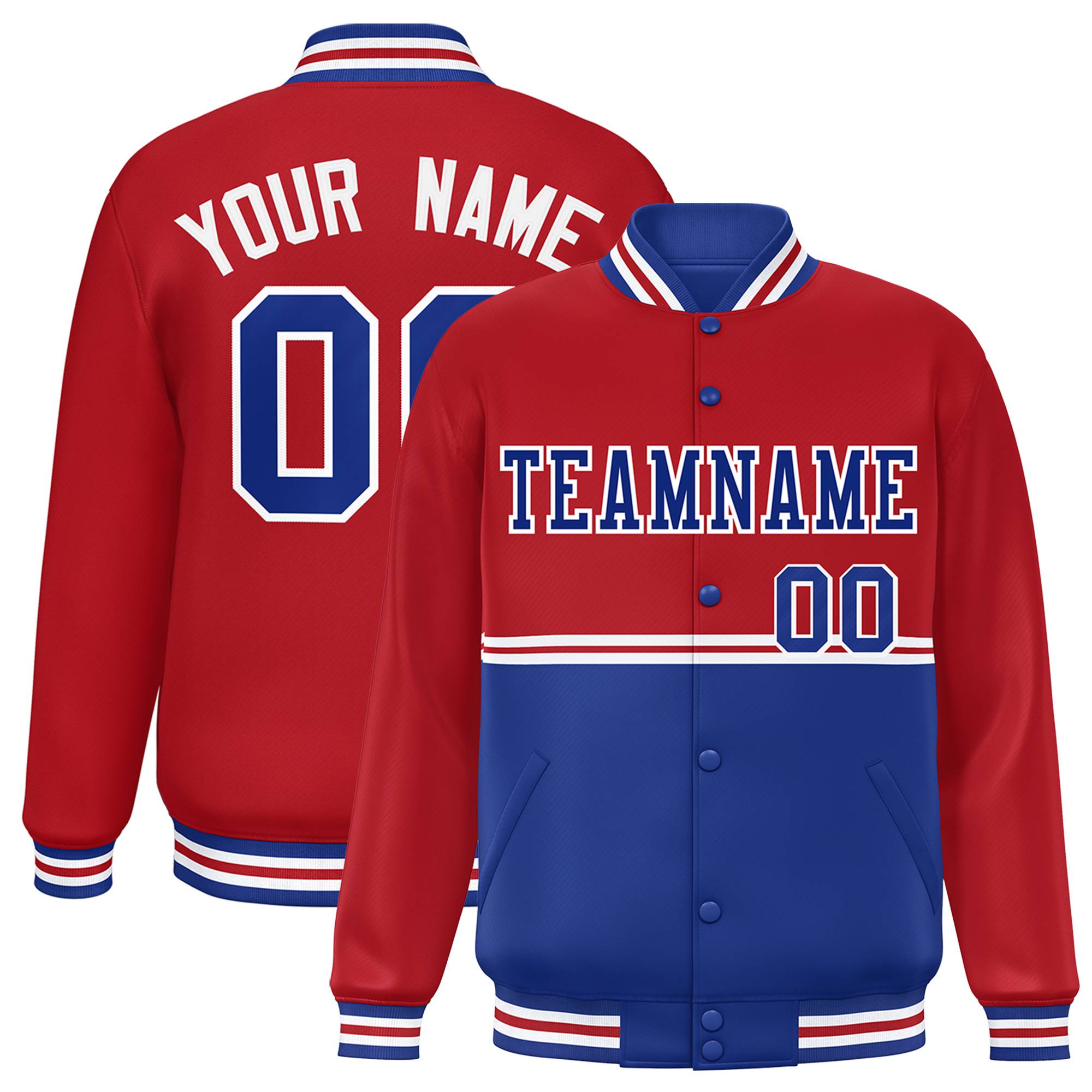 Custom Red Royal Varsity Full-Snap Color Block Letterman Jacket