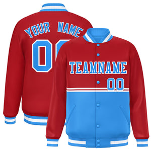 Custom Red Powder Blue Varsity Full-Snap Color Block Letterman Jacket