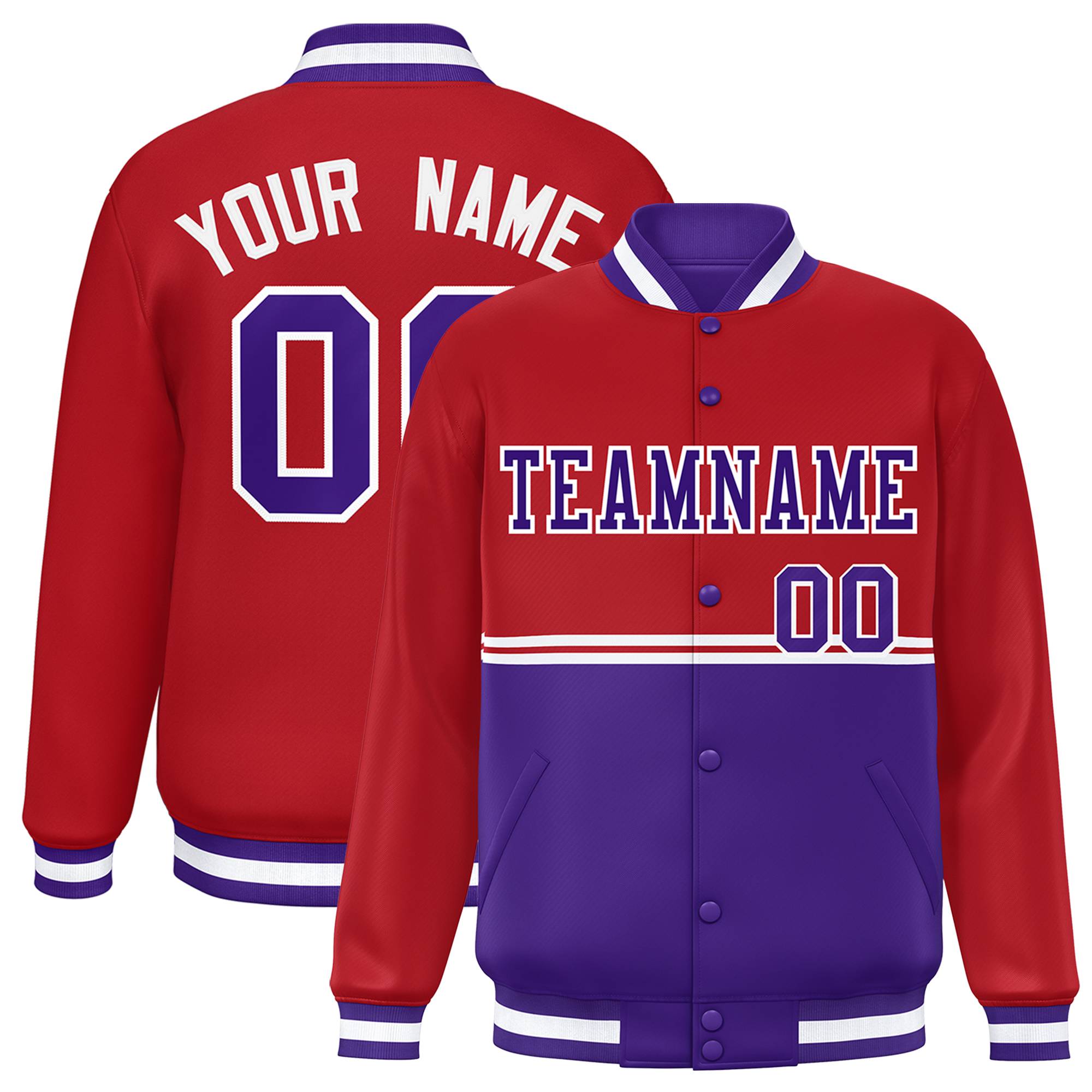 Custom Red Purple Varsity Full-Snap Color Block Letterman Jacket