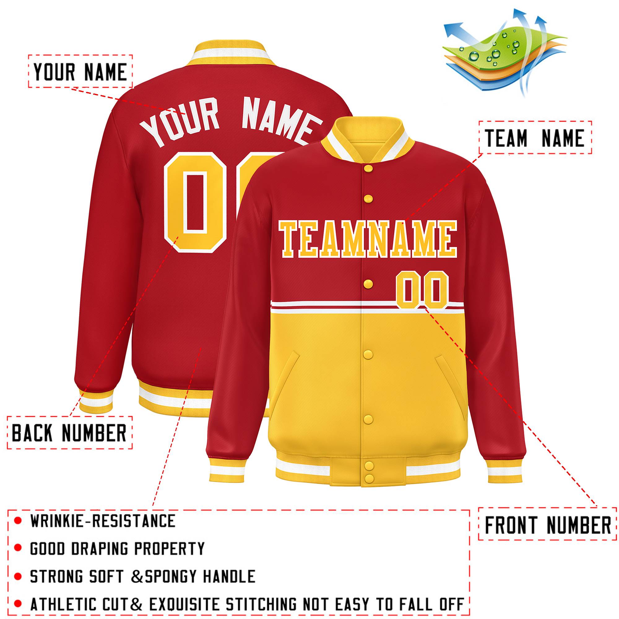 Custom Red Gold Varsity Full-Snap Color Block Letterman Jacket