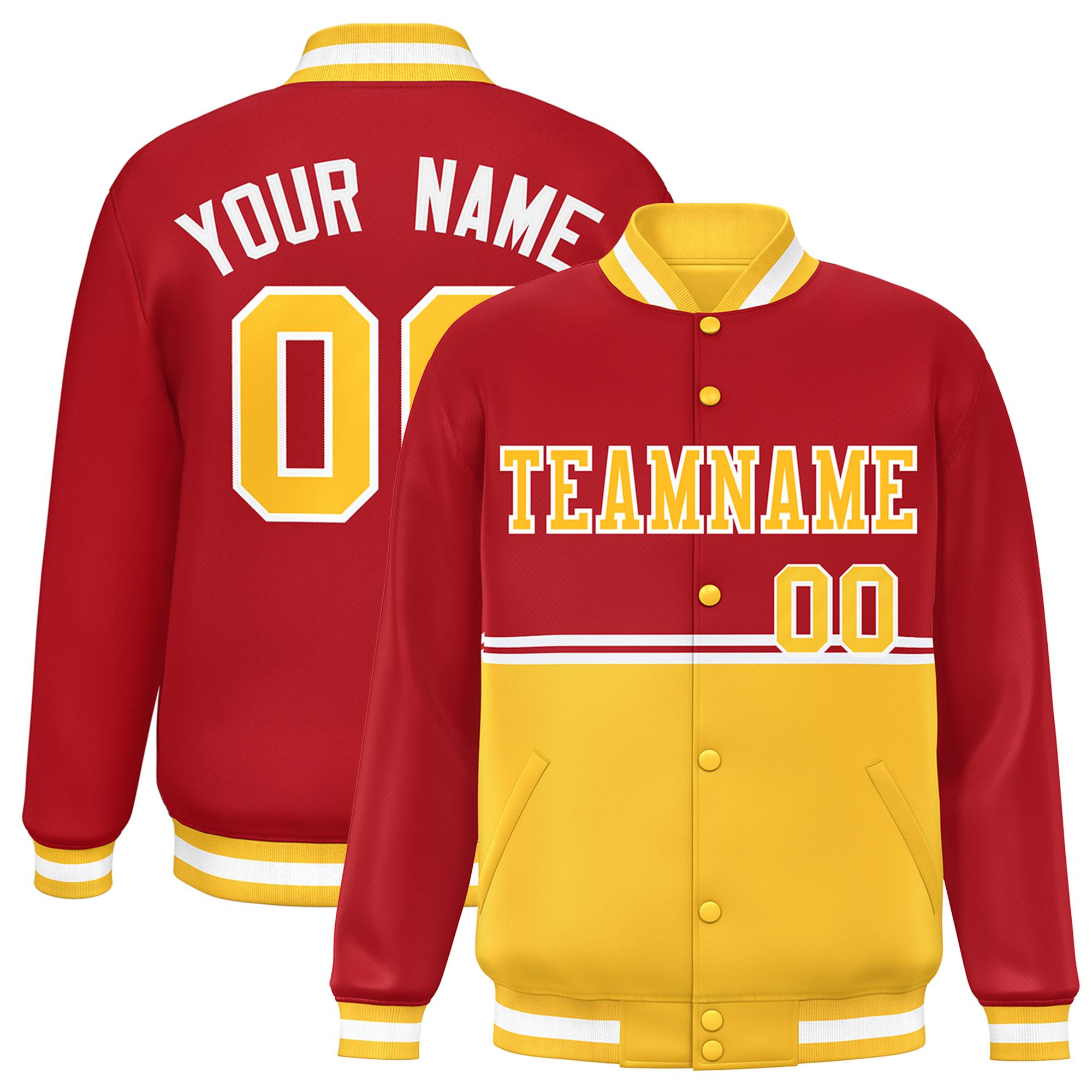 Custom Red Gold Varsity Full-Snap Color Block Letterman Jacket