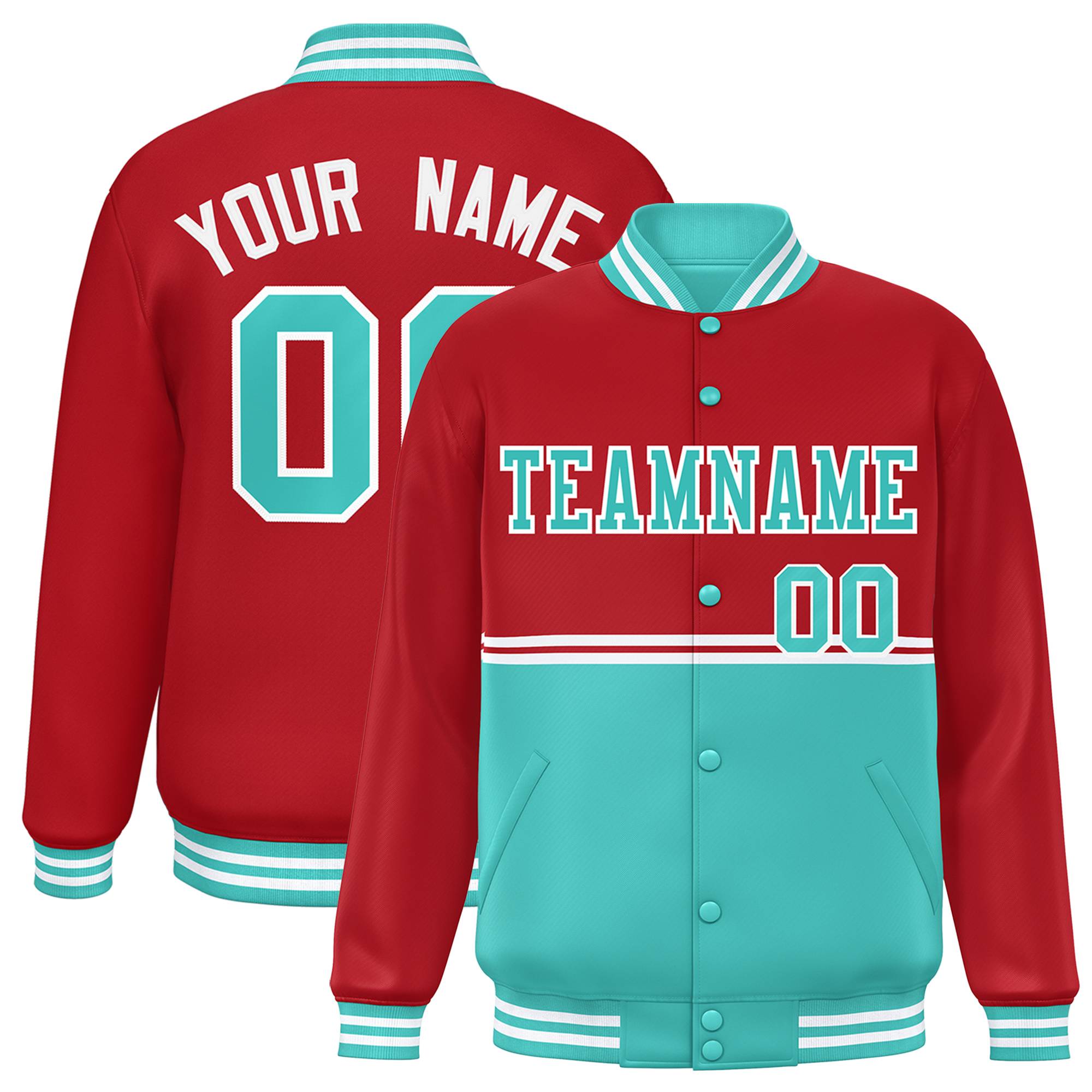 Custom Red Bright Green Varsity Full-Snap Color Block Letterman Jacket