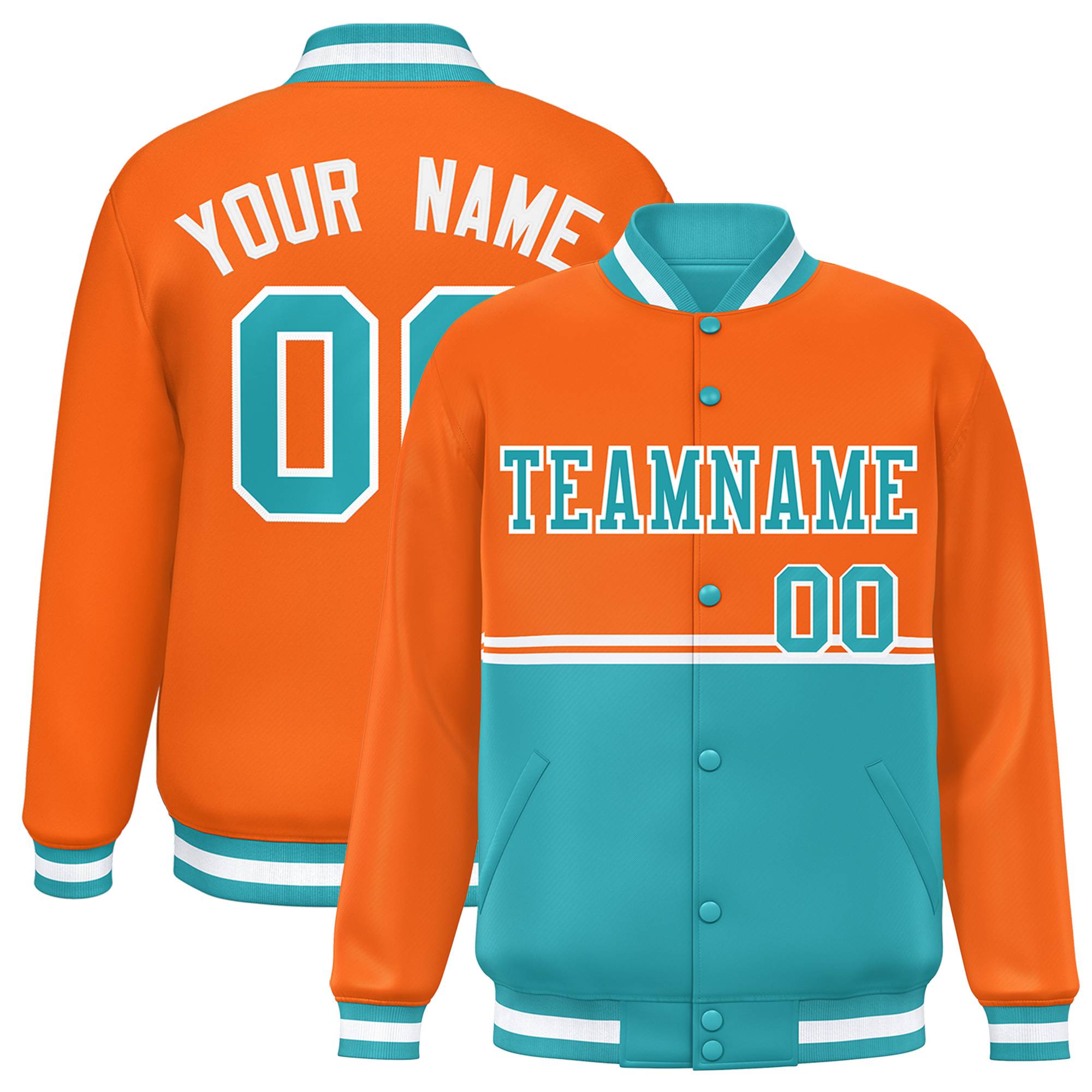 Custom Orange Aqua Varsity Full-Snap Color Block Letterman Jacket