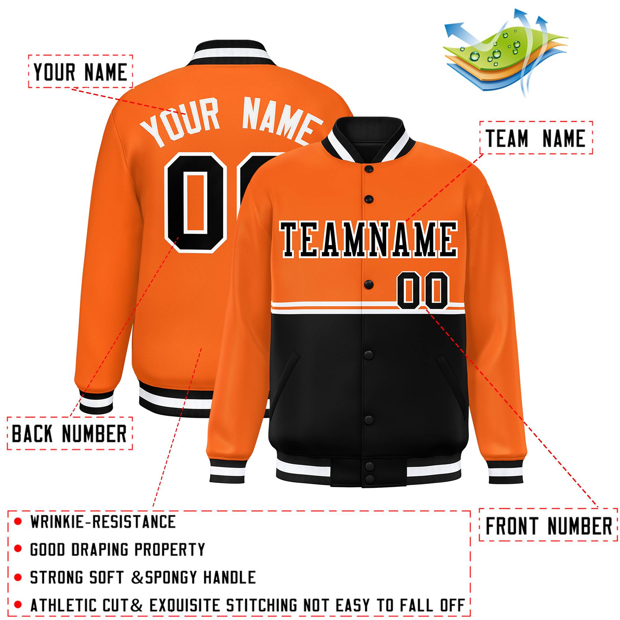 Custom Orange Black Varsity Full-Snap Color Block Letterman Jacket