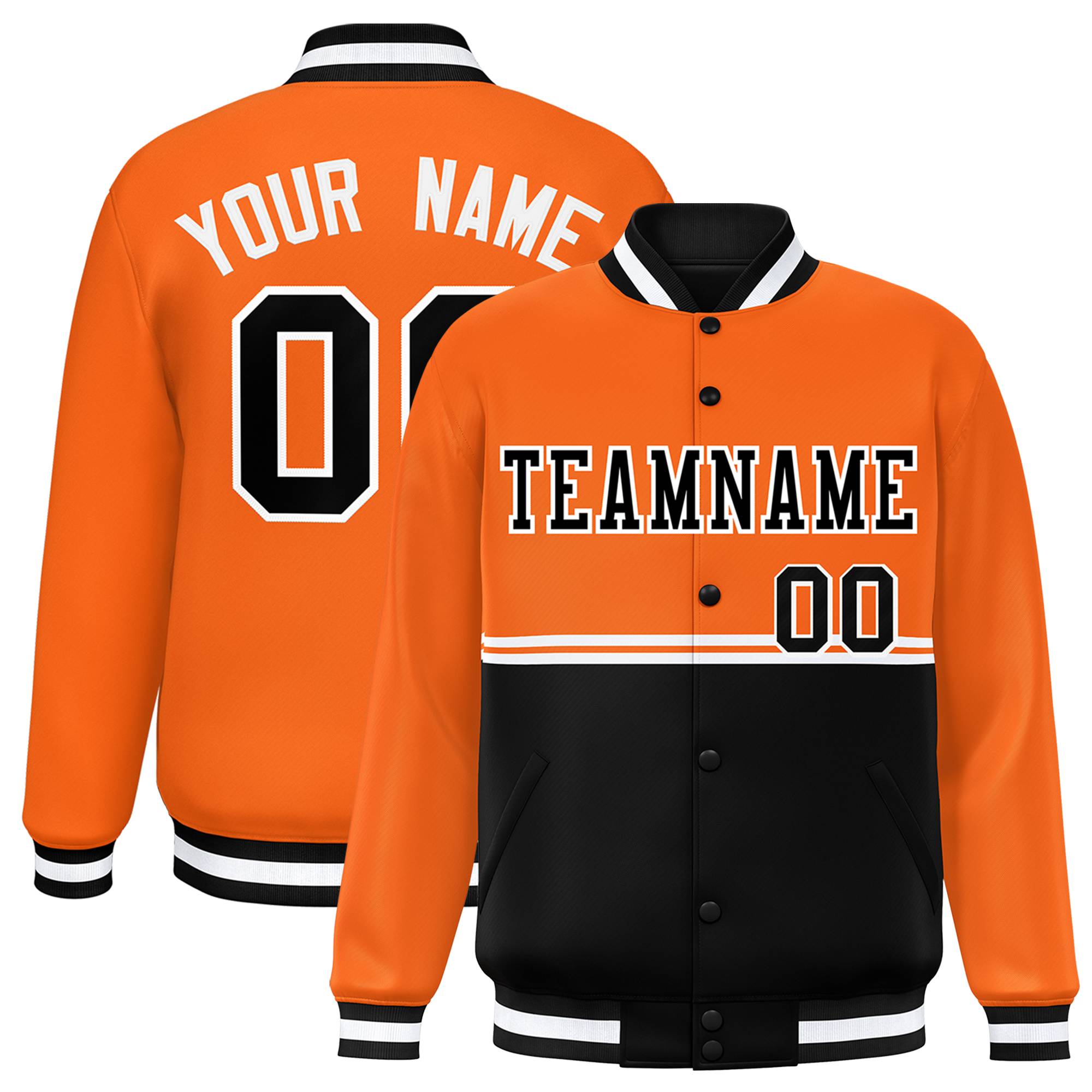 Custom Orange Black Varsity Full-Snap Color Block Letterman Jacket