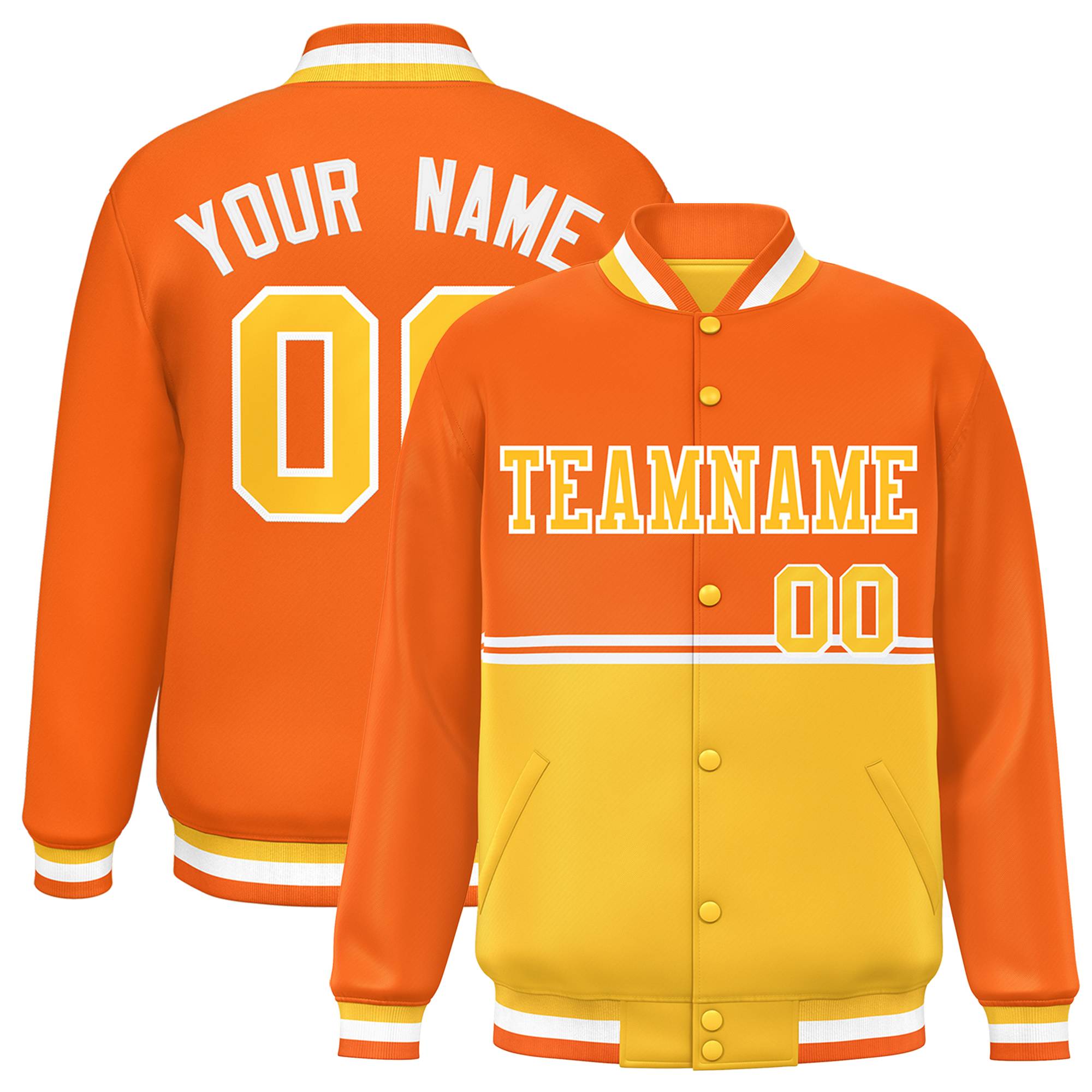 Custom Orange Gold Varsity Full-Snap Color Block Letterman Jacket