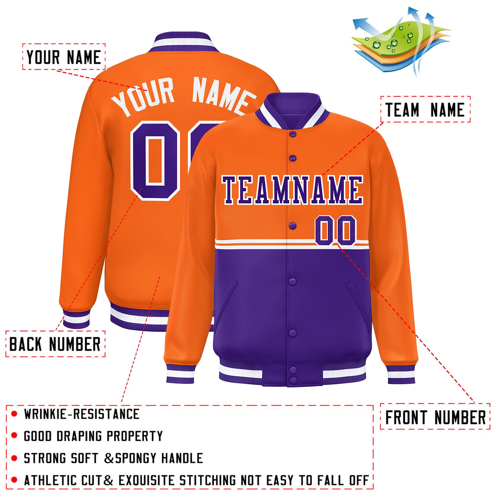 Custom Orange Purple Varsity Full-Snap Color Block Letterman Jacket