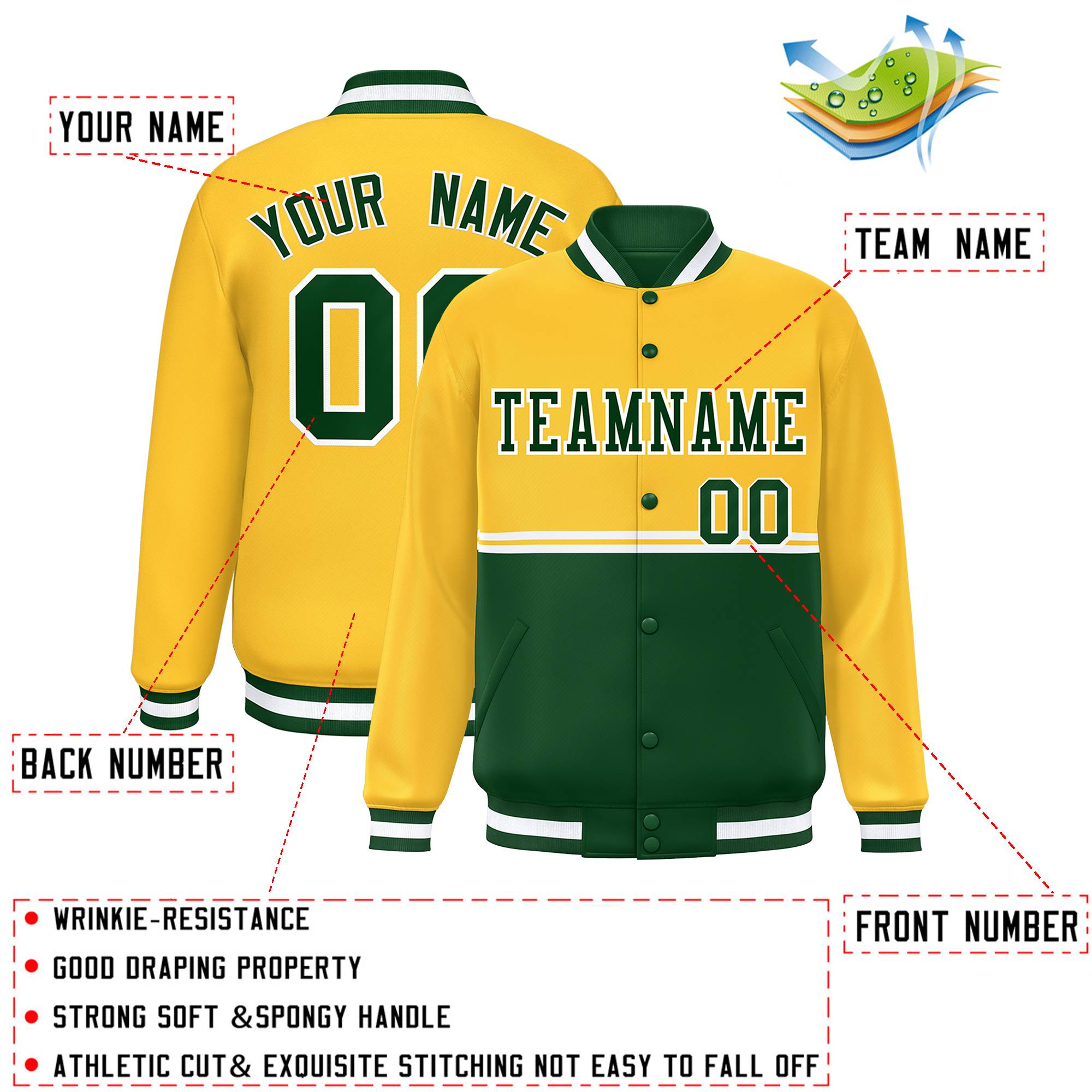 Custom Gold Green Varsity Full-Snap Color Block Letterman Jacket