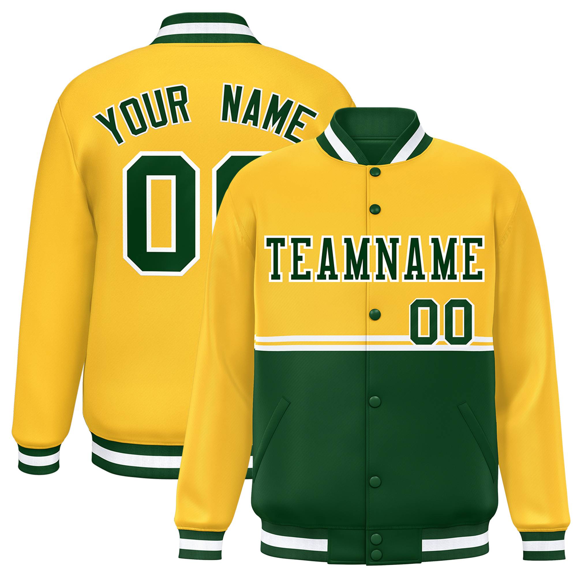 Custom Gold Green Varsity Full-Snap Color Block Letterman Jacket