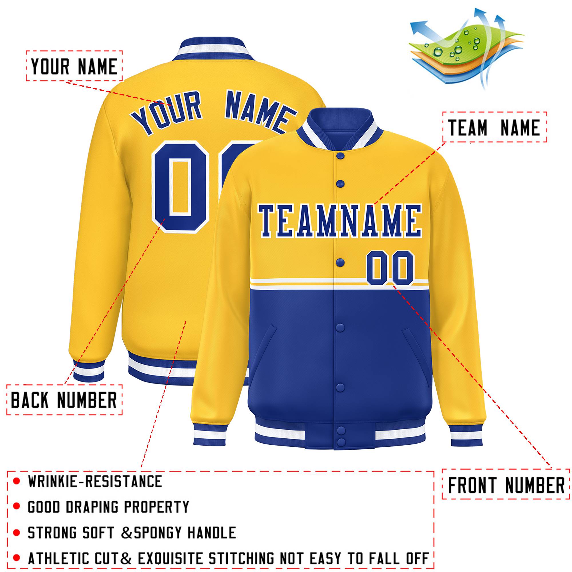 Custom Gold Royal Varsity Full-Snap Color Block Letterman Jacket