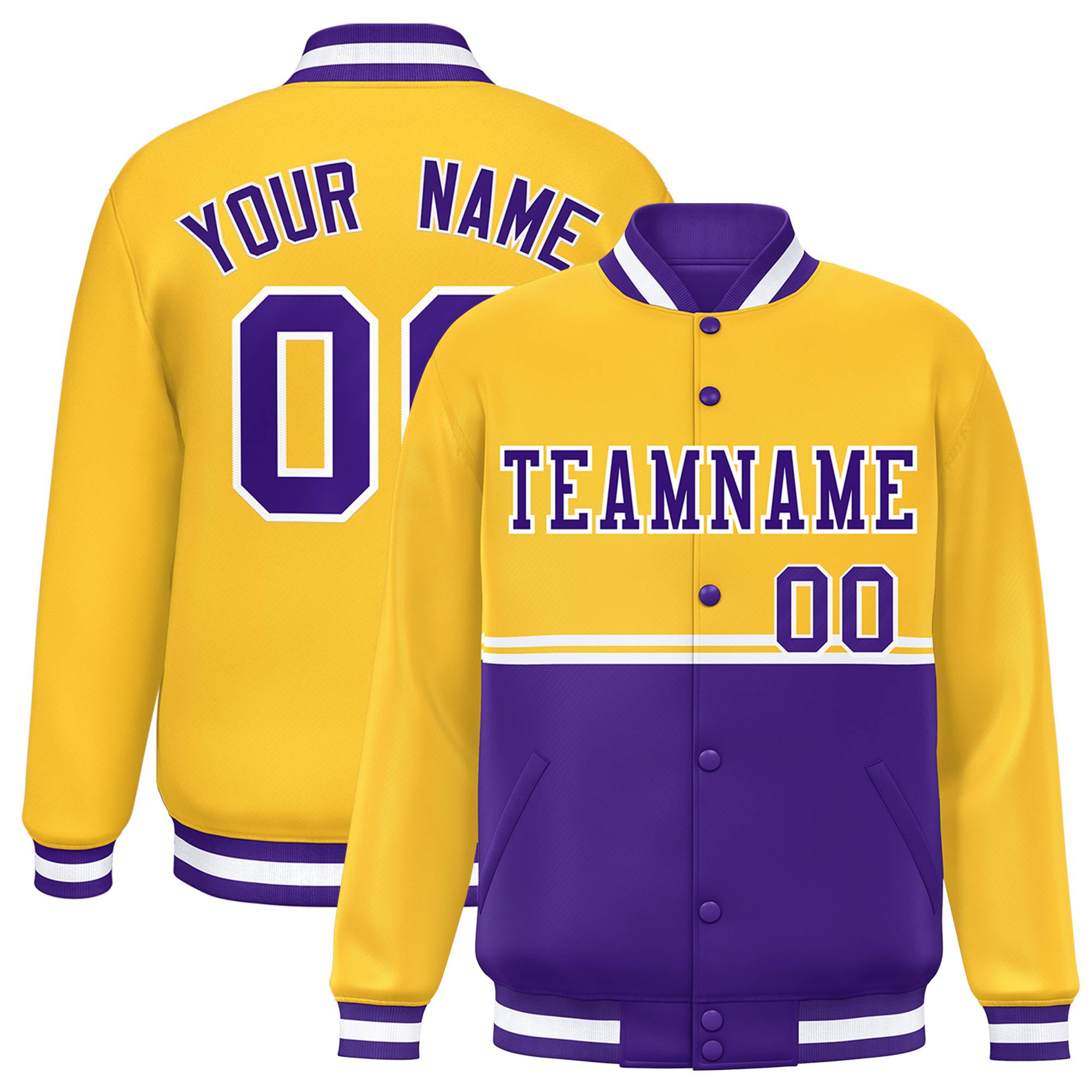 Custom Gold Purple Varsity Full-Snap Color Block Letterman Jacket