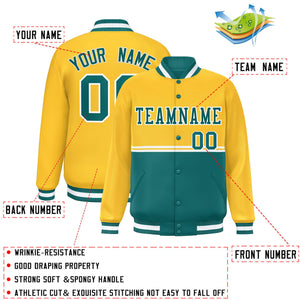 Custom Gold Aqua Varsity Full-Snap Color Block Letterman Jacket