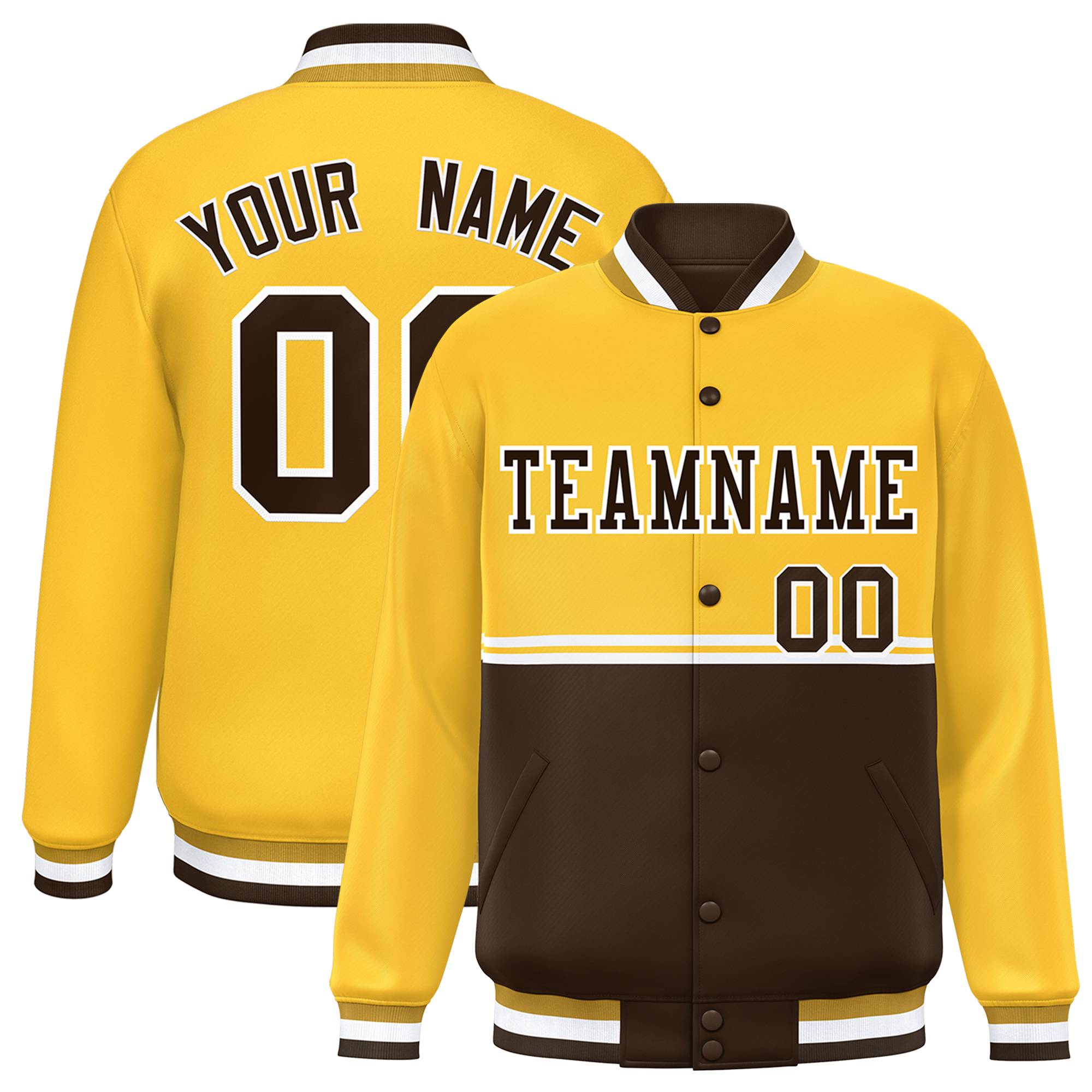 Custom Gold Brown Varsity Full-Snap Color Block Letterman Jacket